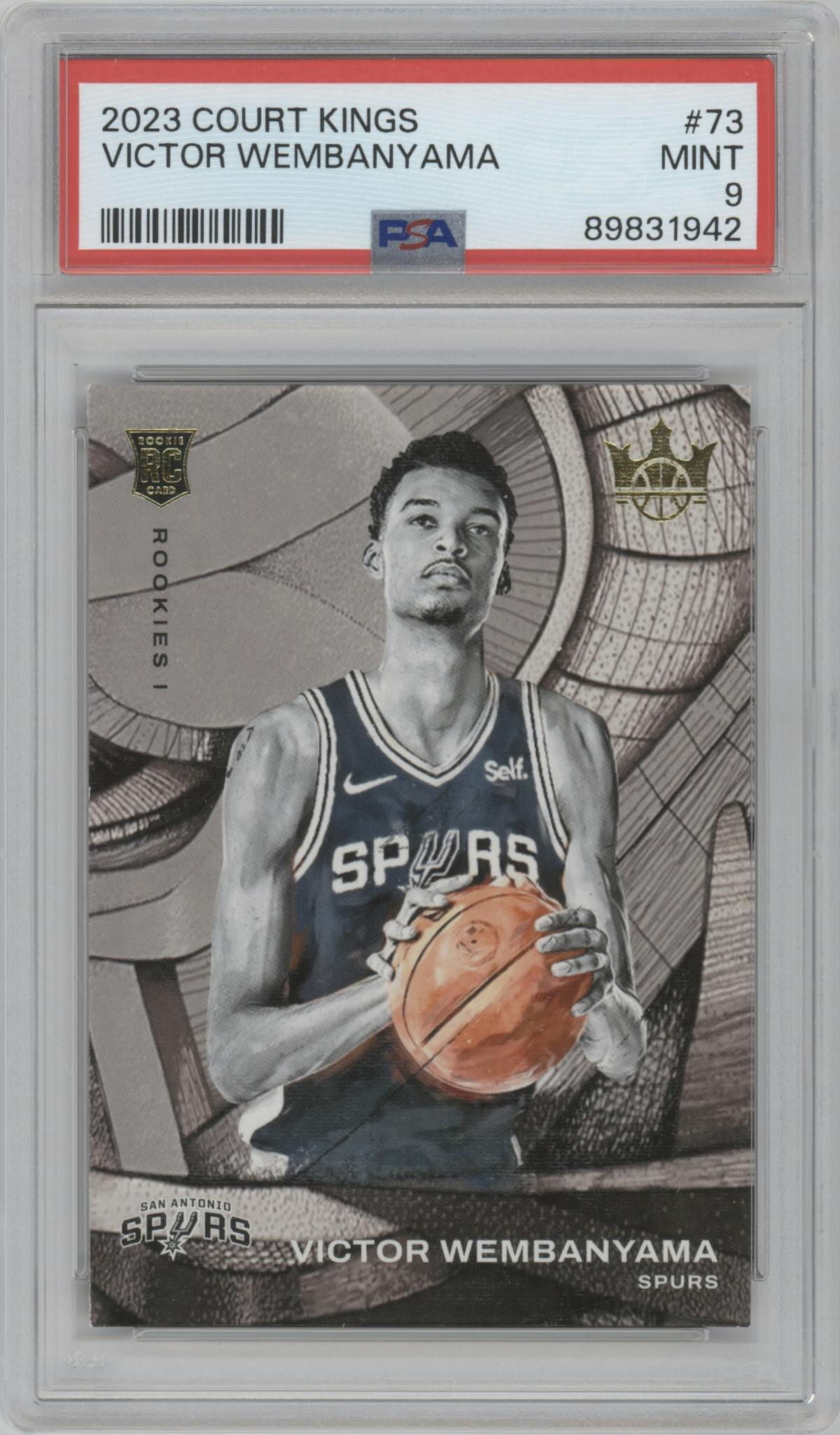 Victor Wembanyama from the 2023-24 Panini Court Kings set graded by PSA and given an overall grade of 9.