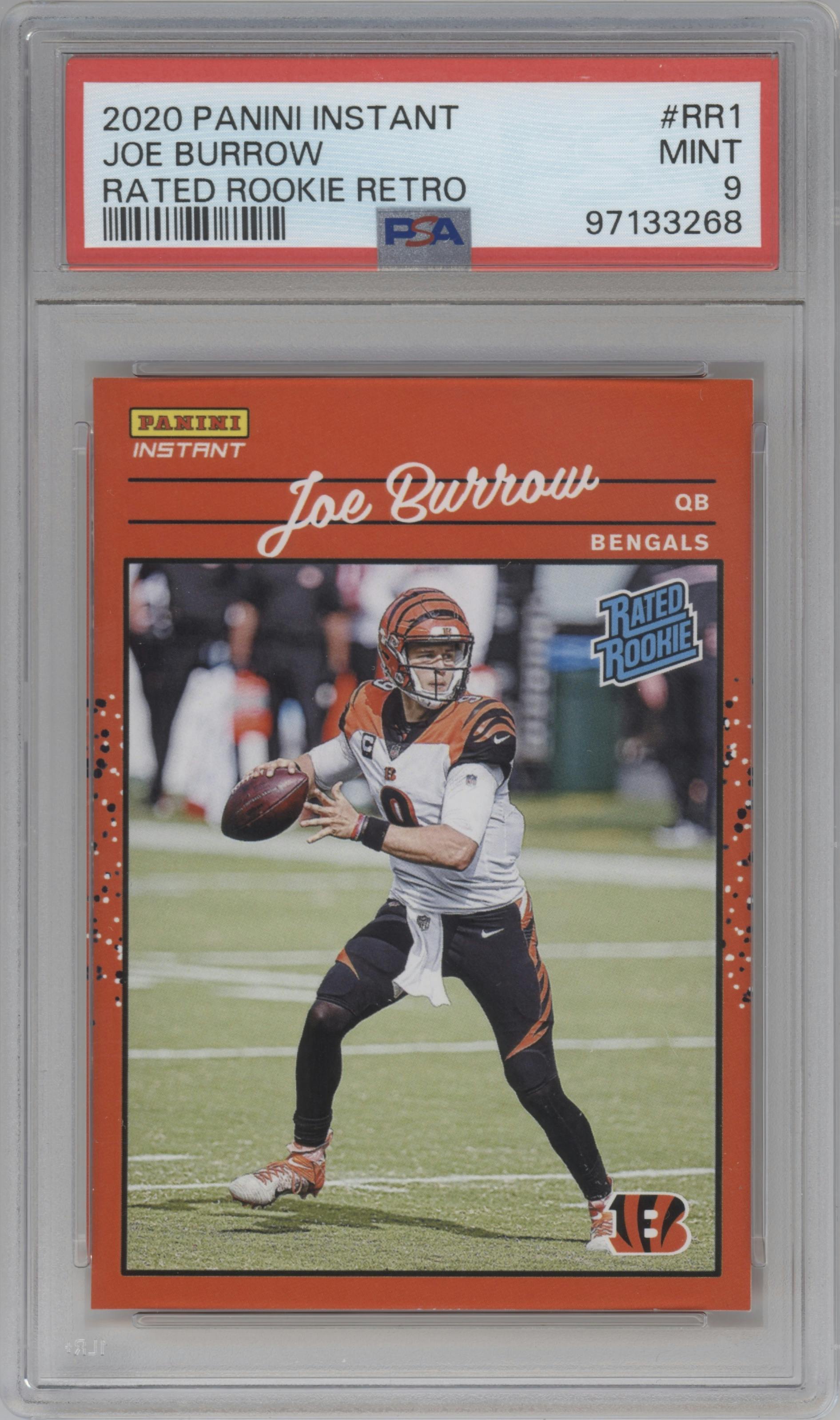 Joe Burrow from the 2020 Panini Instant Rated Rookies Retro set graded by PSA and given an overall grade of 9.