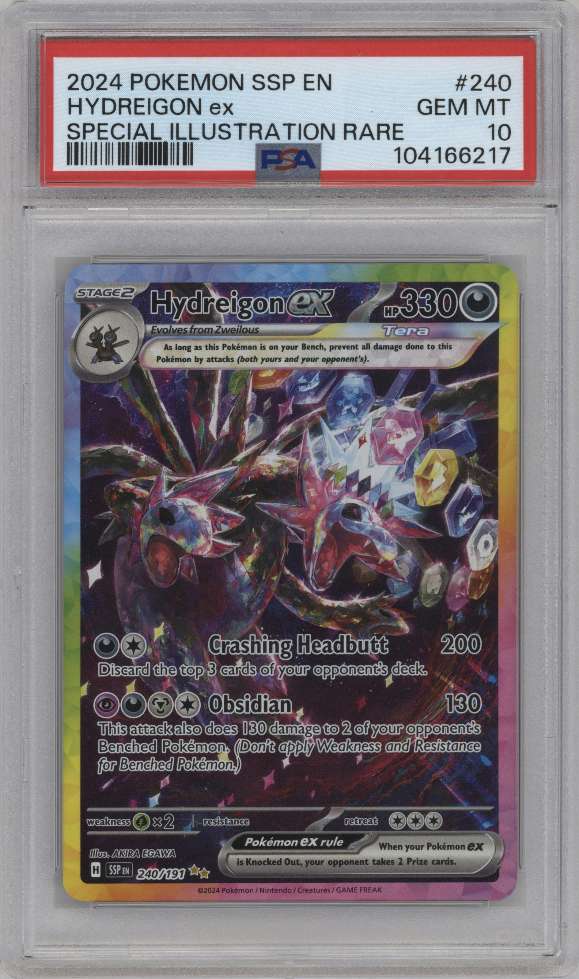 Hydreigon ex from the 2024 Pokemon SV set graded by PSA and given an overall grade of 10.