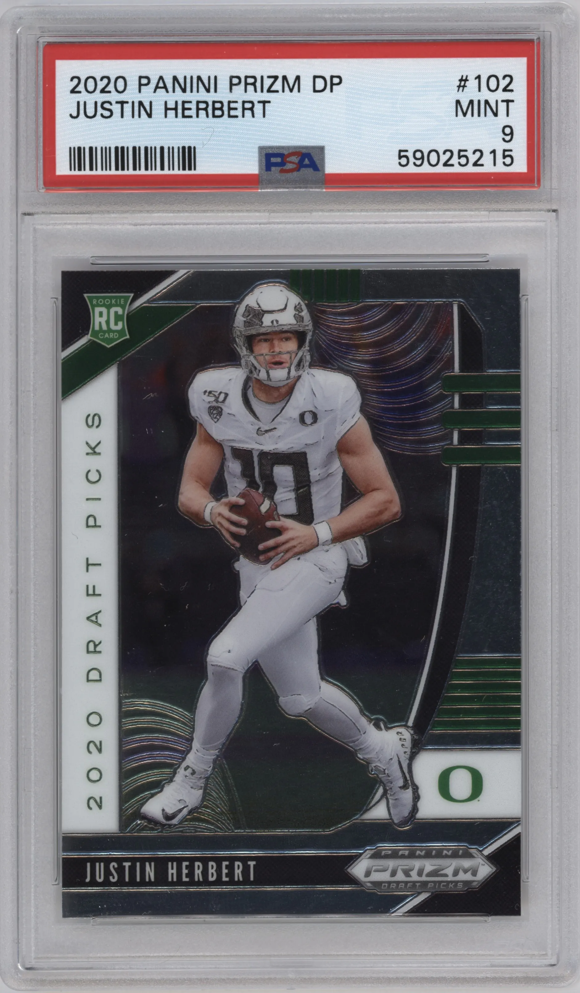 Justin Herbert from the 2020 Panini Prizm Draft Picks set graded by PSA and given an overall grade of 9.