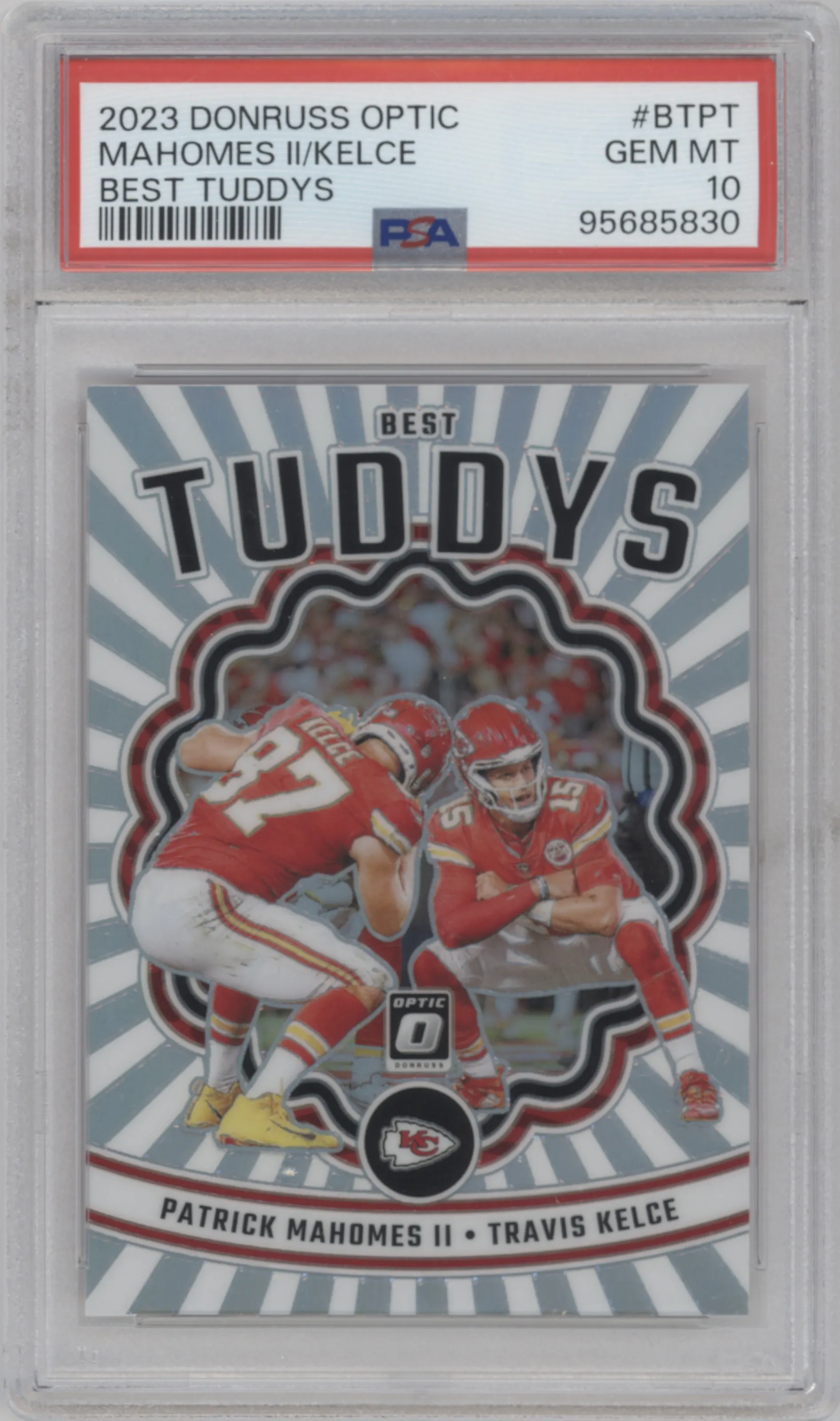 Patrick Mahomes II/Travis Kelce from the 2023 Donruss Optic set graded by PSA and given an overall grade of 10.