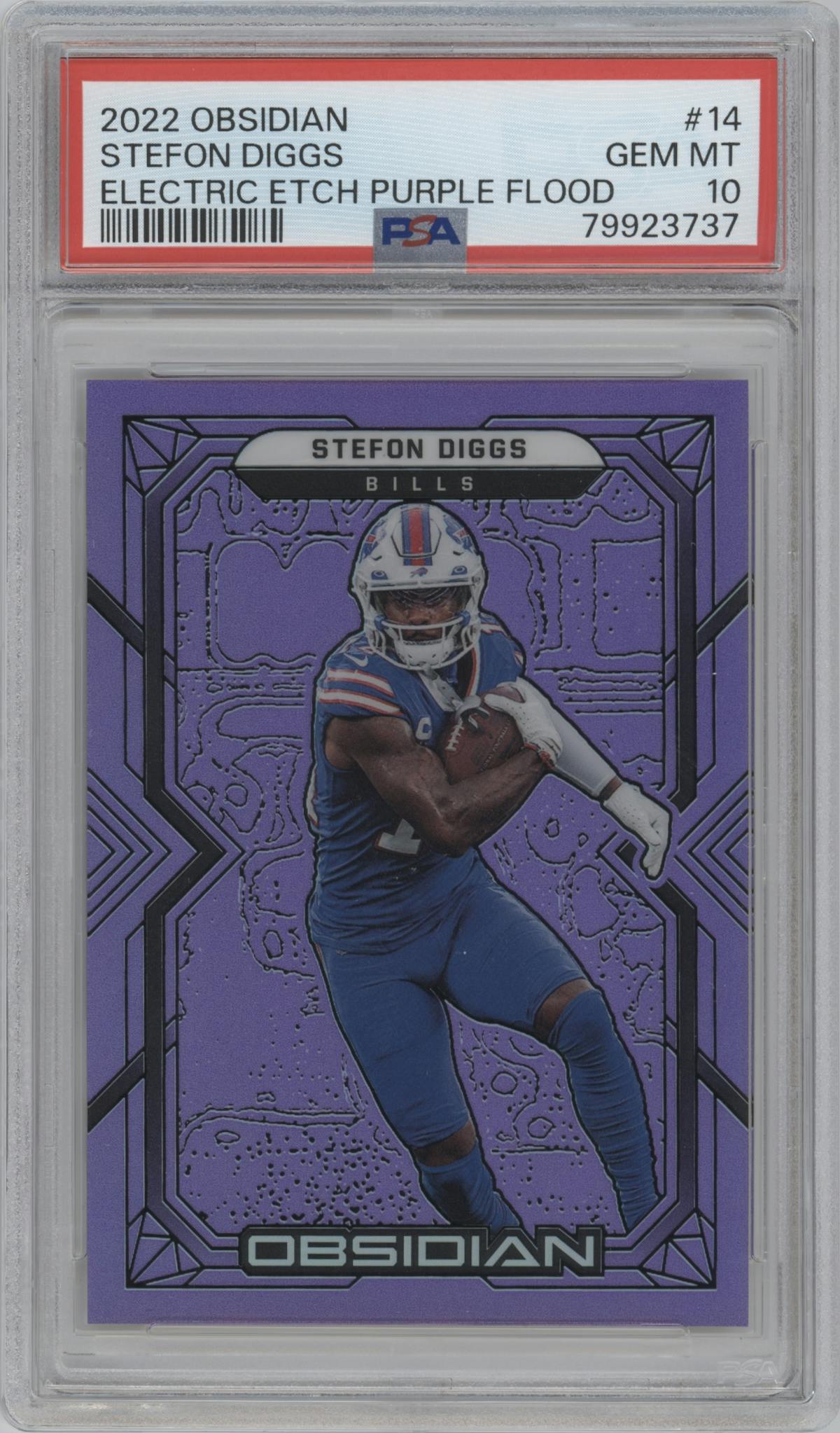 Stefon Diggs from the 2022 Panini Obsidian set featuring a Purple Flood parallel graded by PSA and given an overall grade of 10.