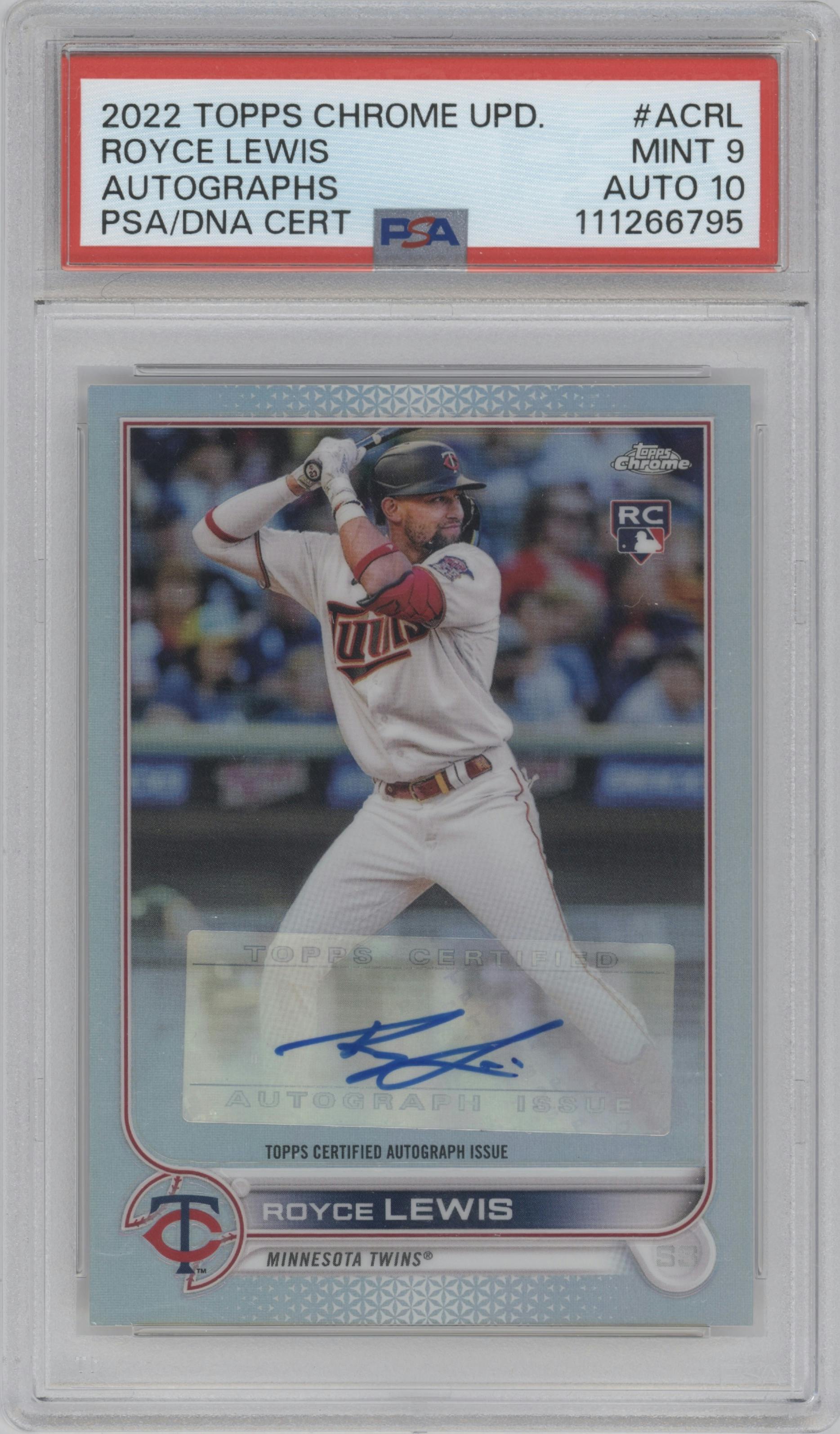 Royce Lewis from the 2022 Topps Chrome Update set graded by PSA and given an overall grade of 9.