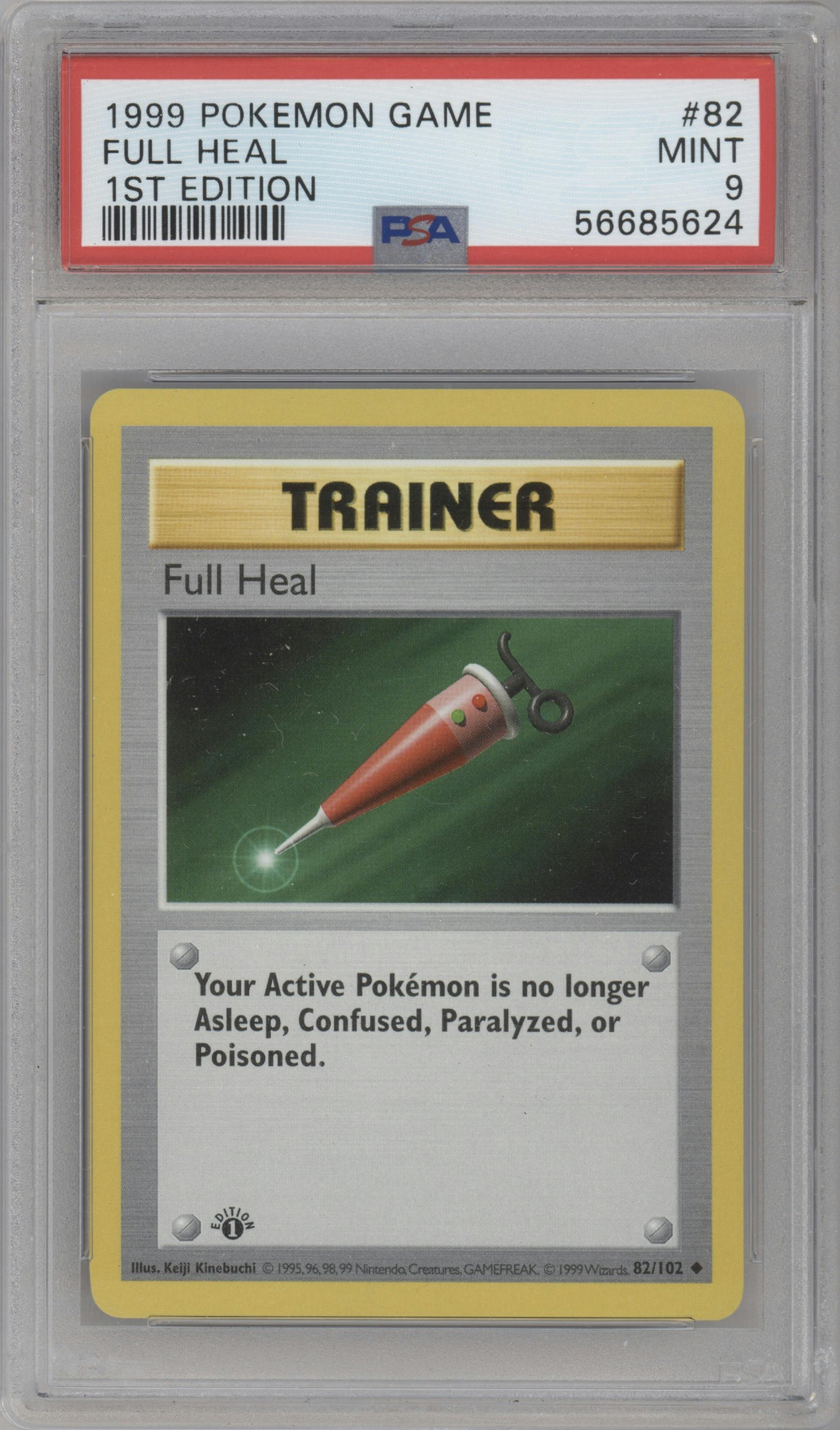 Full Heal from the 1999 Pokemon set graded by PSA and given an overall grade of 9.