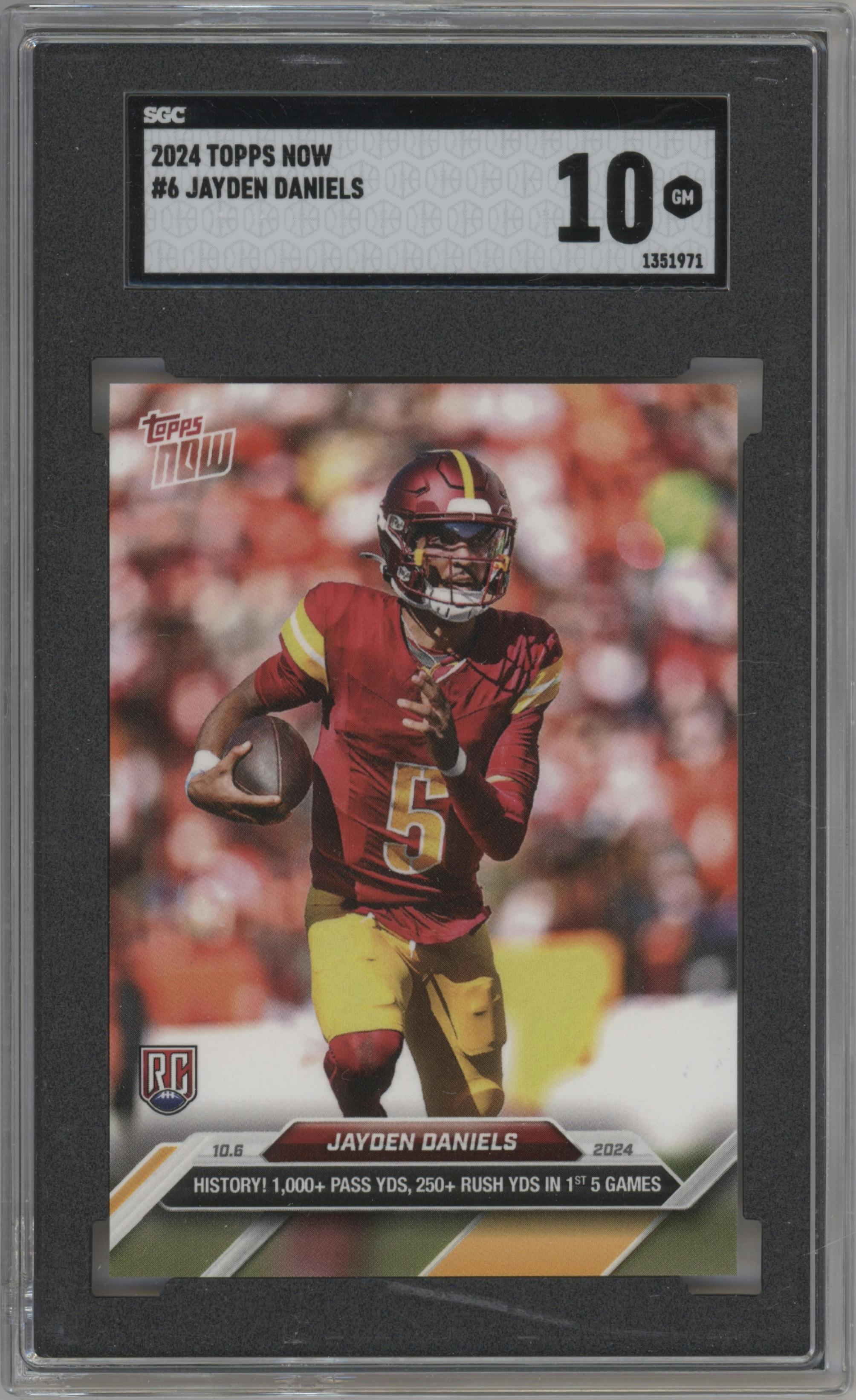 Jayden Daniels from the 2024 Topps Now set graded by SGC and given an overall grade of 10.