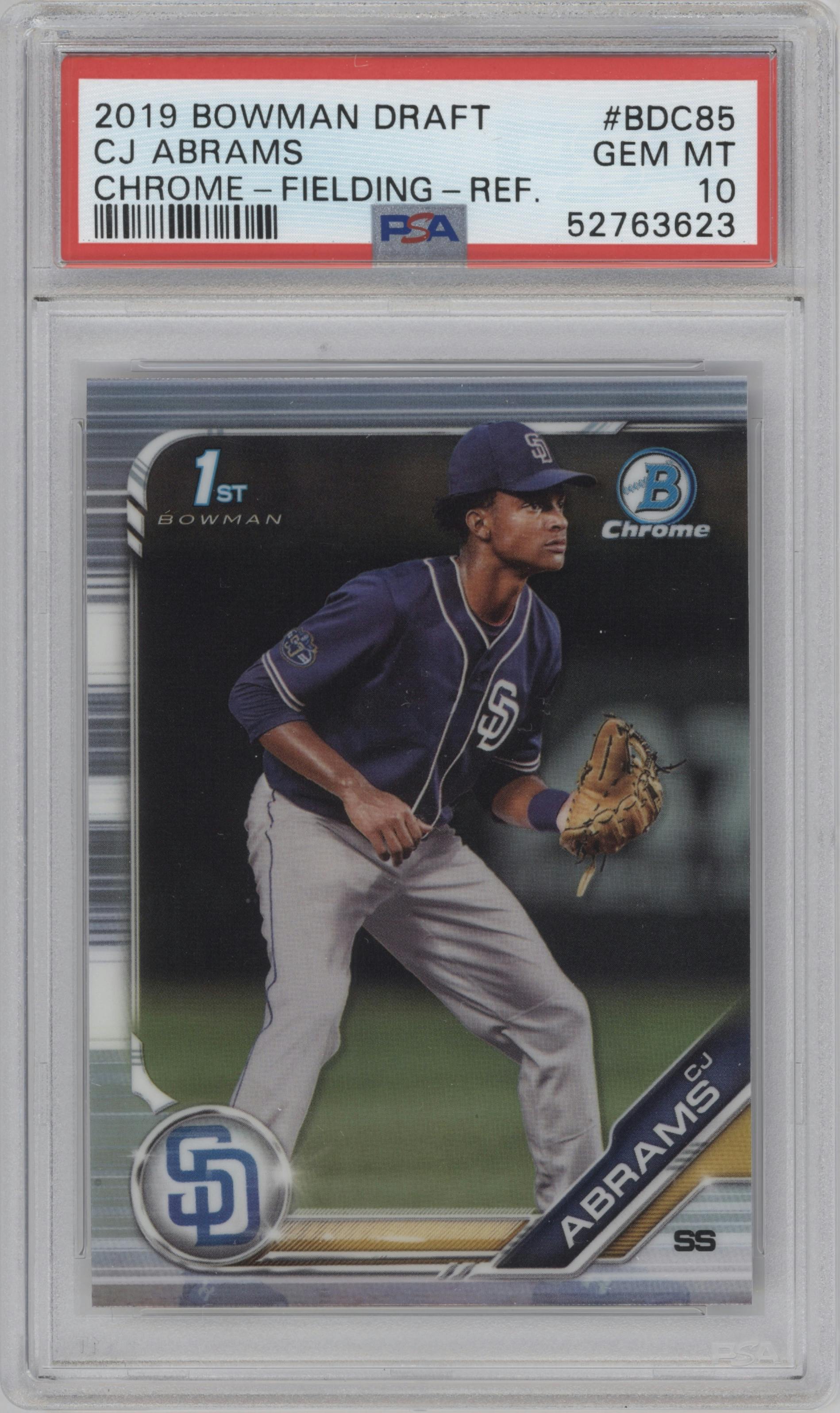 CJ Abrams from the 2019 Bowman Draft set featuring a Refractor parallel graded by PSA and given an overall grade of 10.