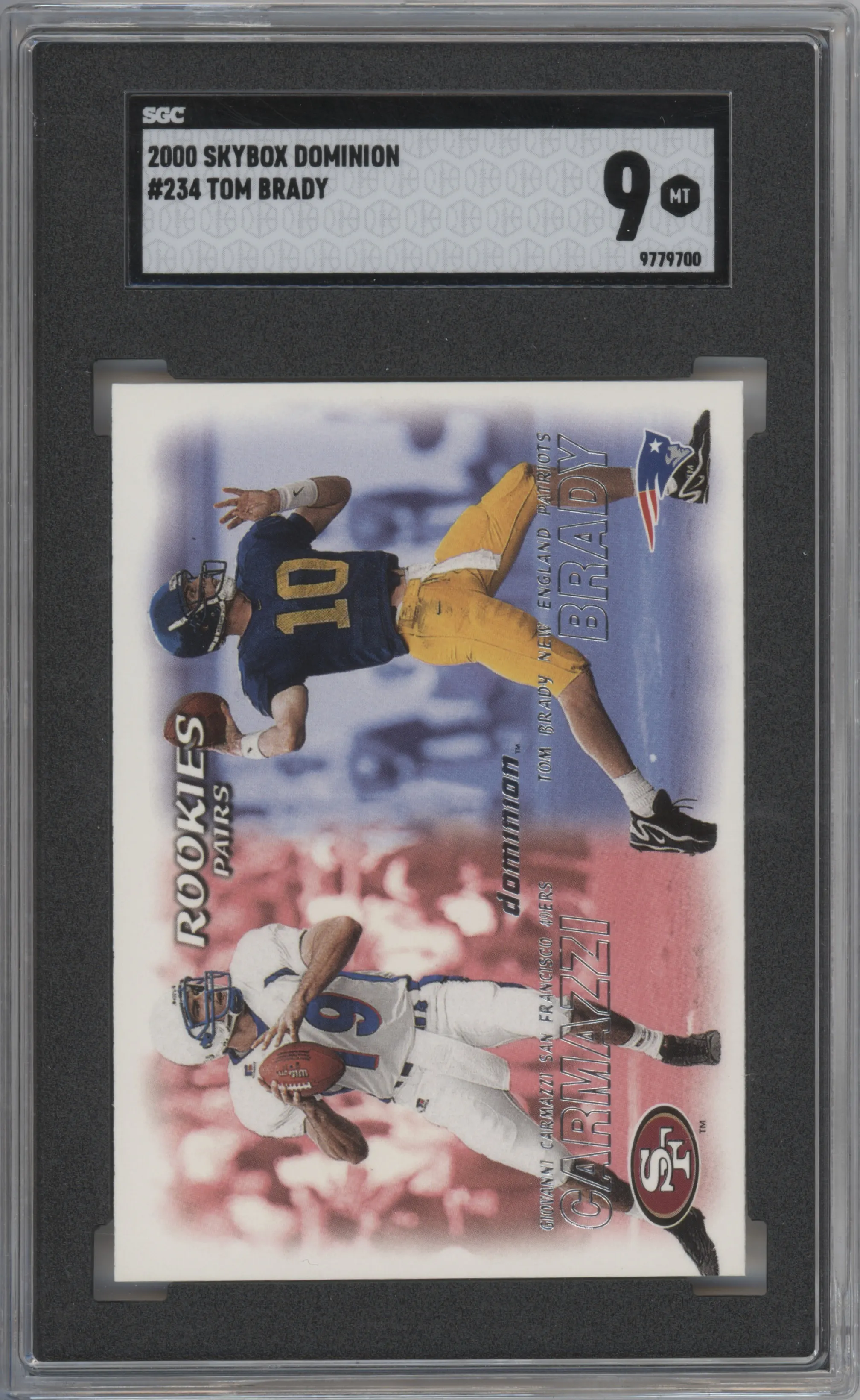 Giovanni Carmazzi/Tom Brady from the 2000 Skybox Dominion set graded by SGC and given an overall grade of 9.