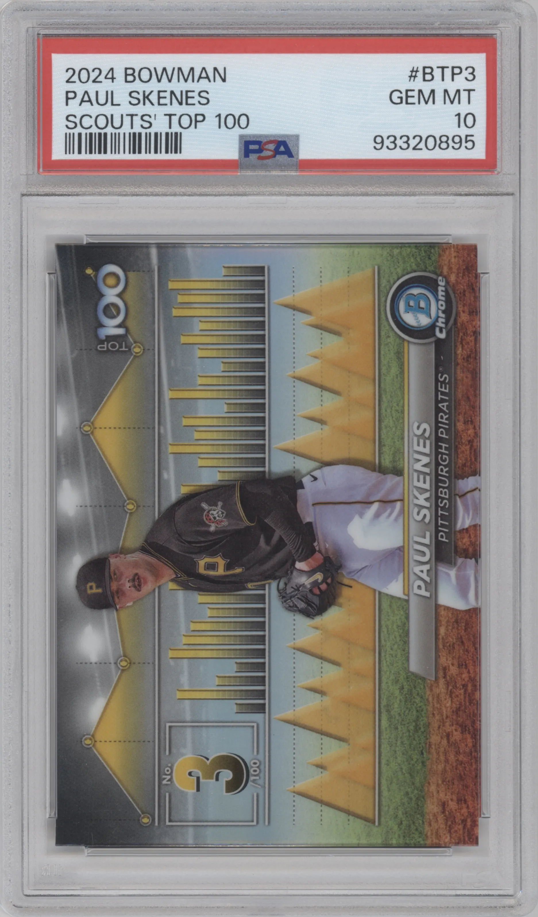 Paul Skenes from the 2024 Bowman set graded by PSA and given an overall grade of 10.
