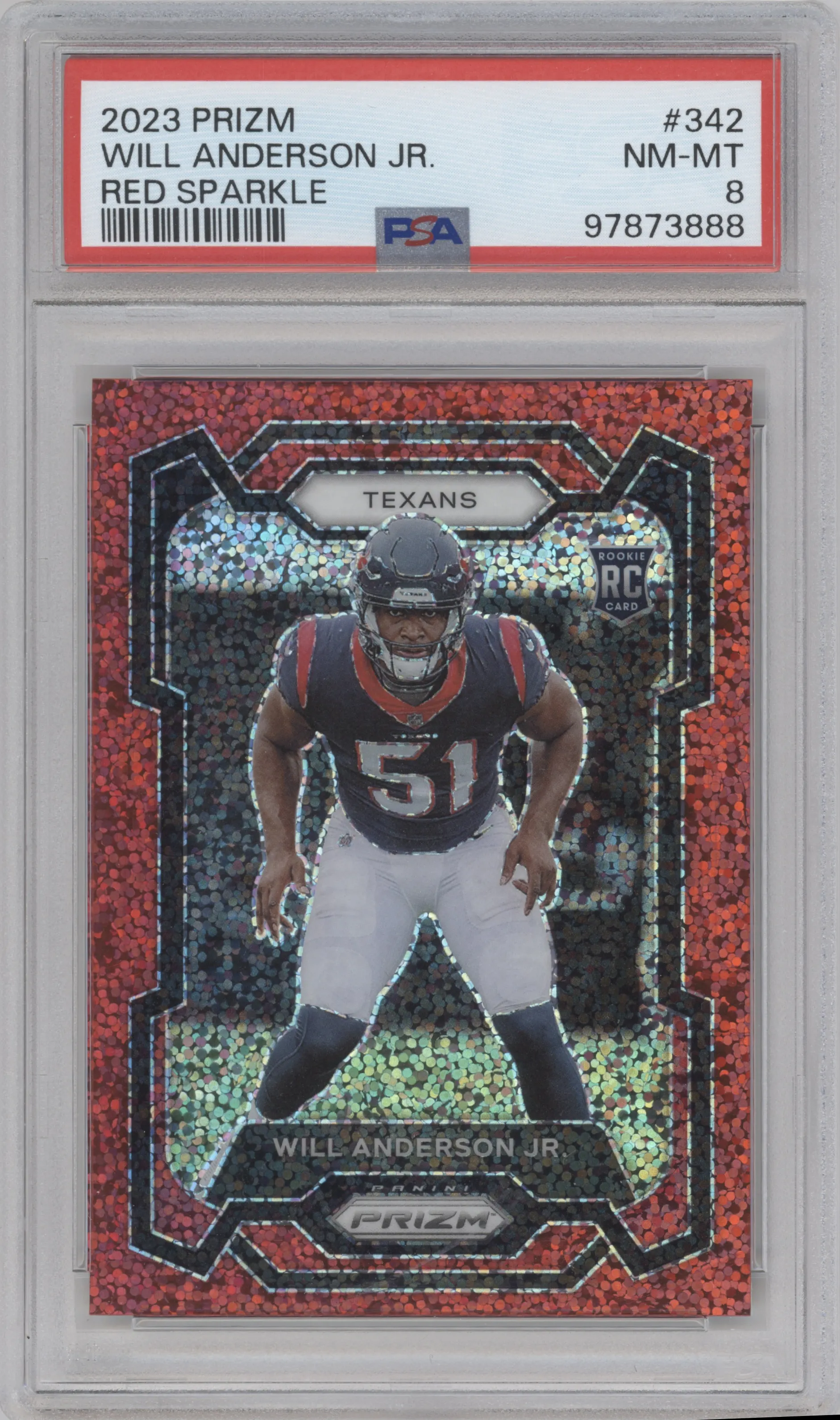Will Anderson Jr. from the 2023 Panini Prizm set featuring a Red Sparkle parallel graded by PSA and given an overall grade of 8.