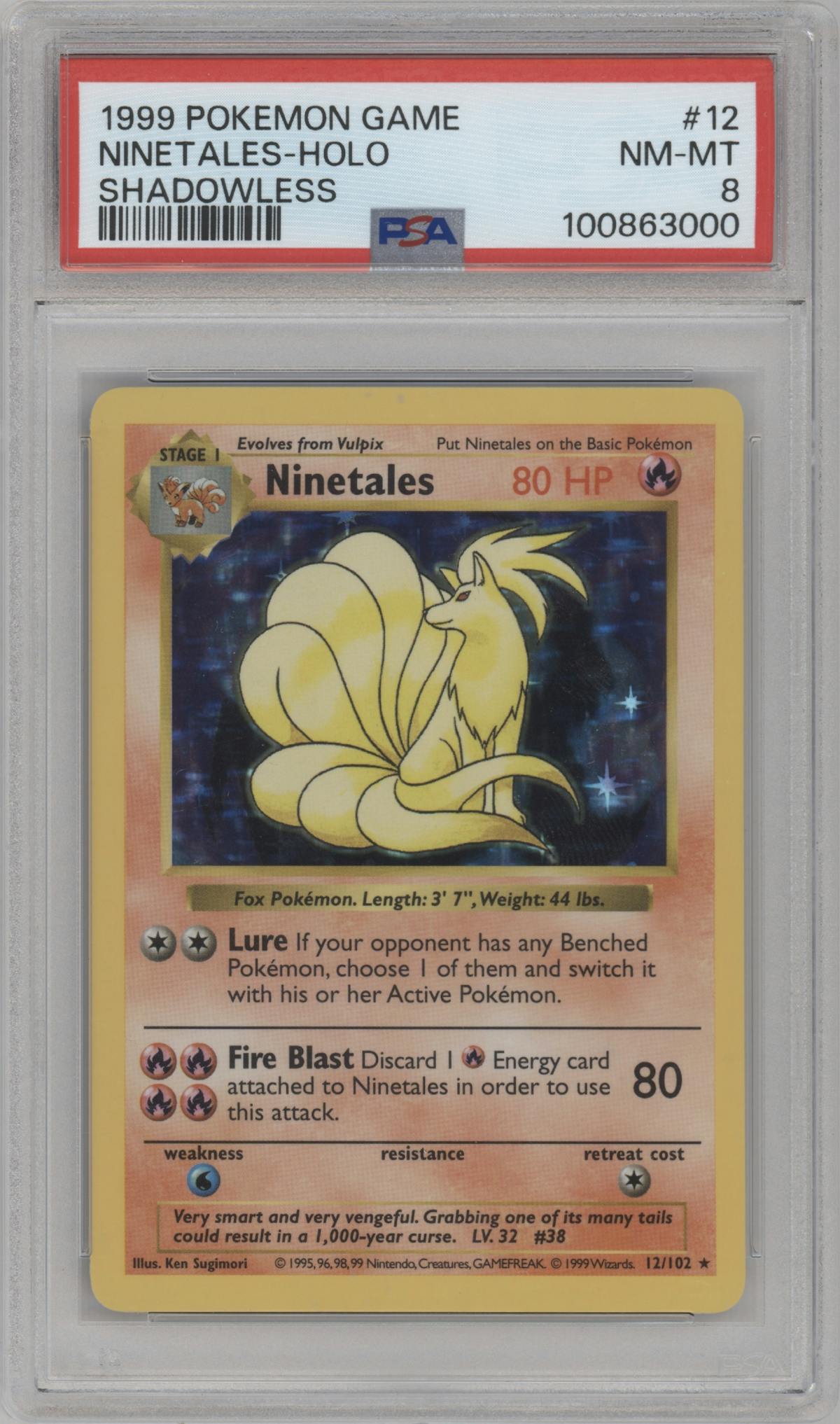 Ninetales from the 1999 Pokemon set graded by PSA and given an overall grade of 8.