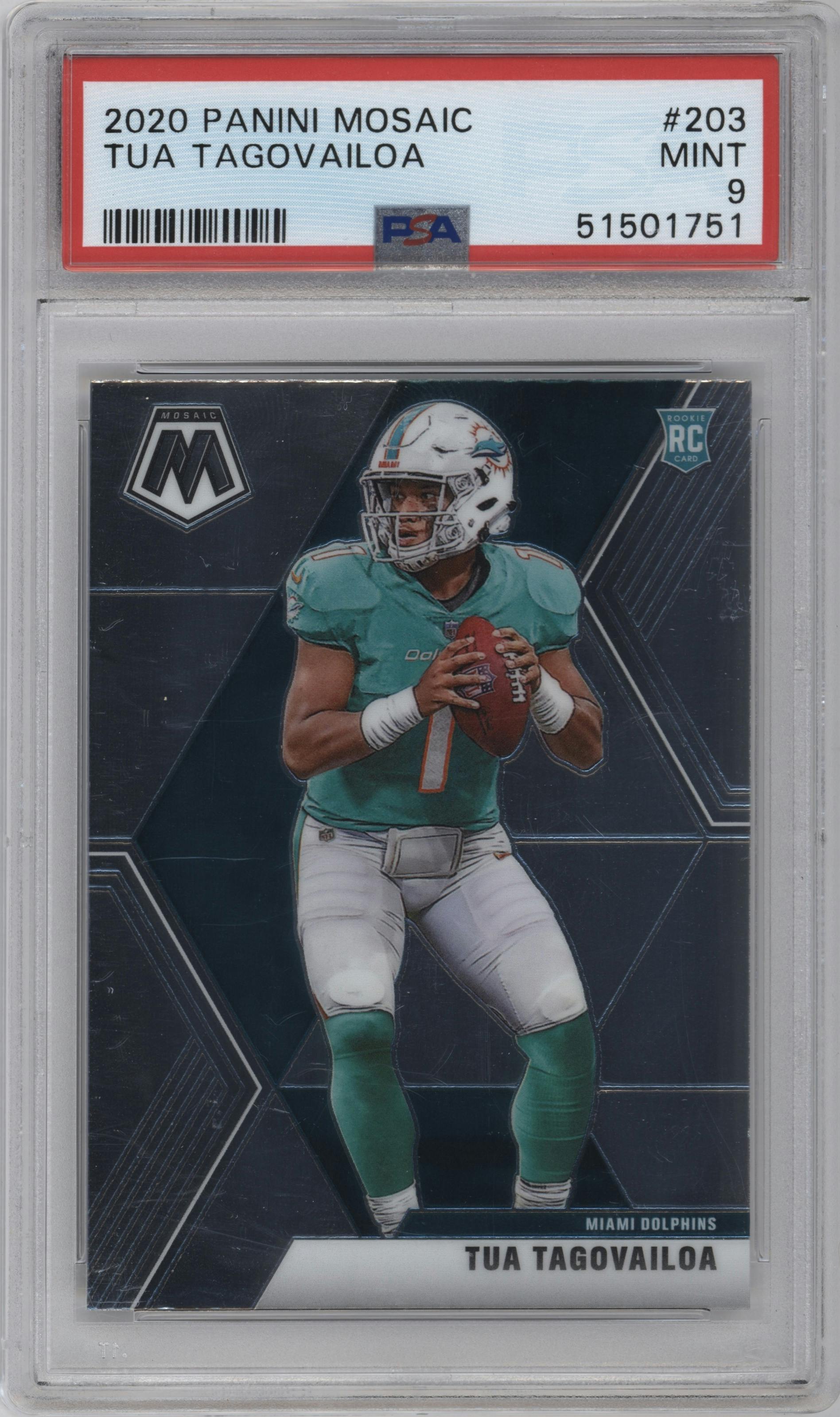 Tua Tagovailoa from the 2020 Panini Mosaic set graded by PSA and given an overall grade of 9.