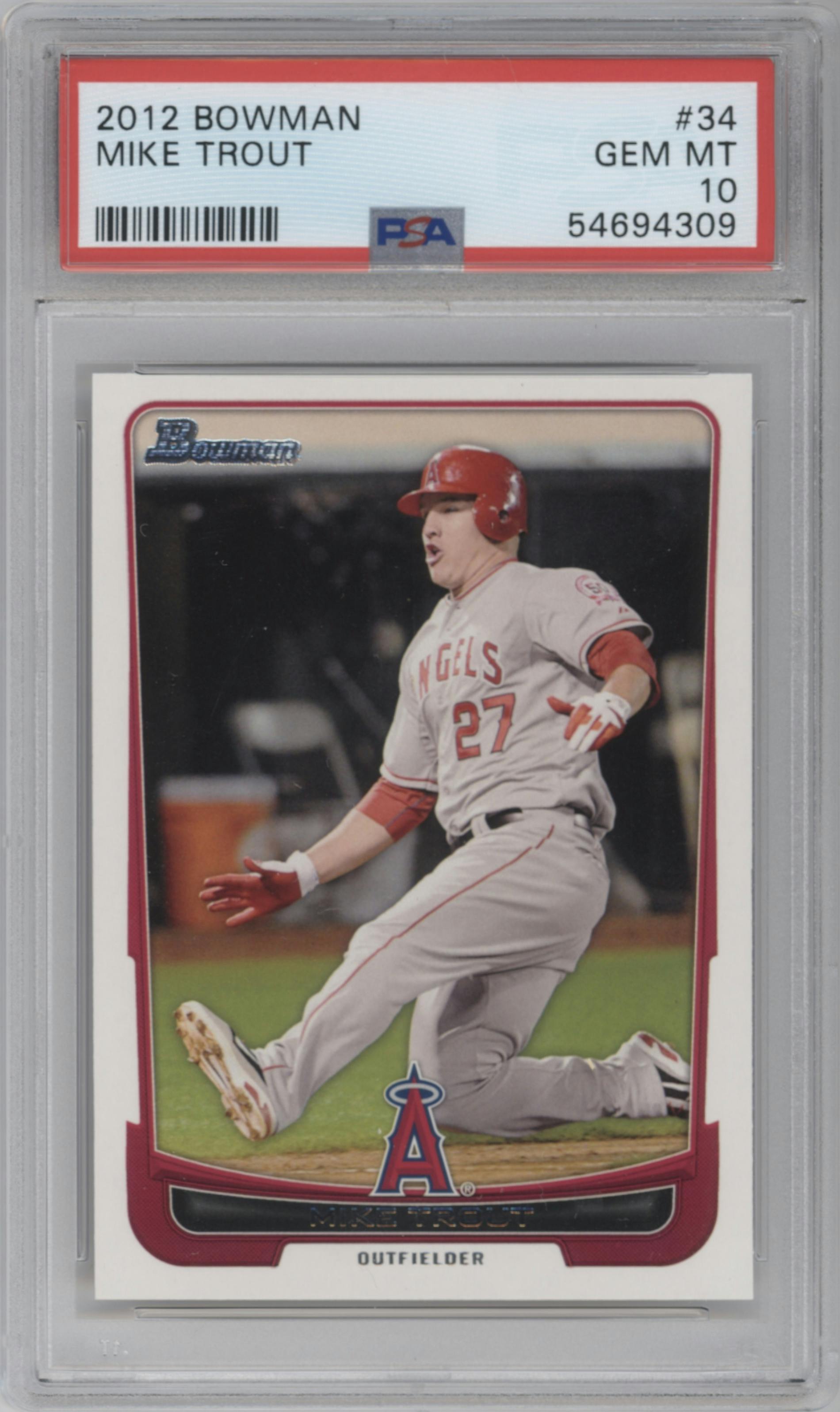 Mike Trout from the 2012 Bowman set graded by PSA and given an overall grade of 10.