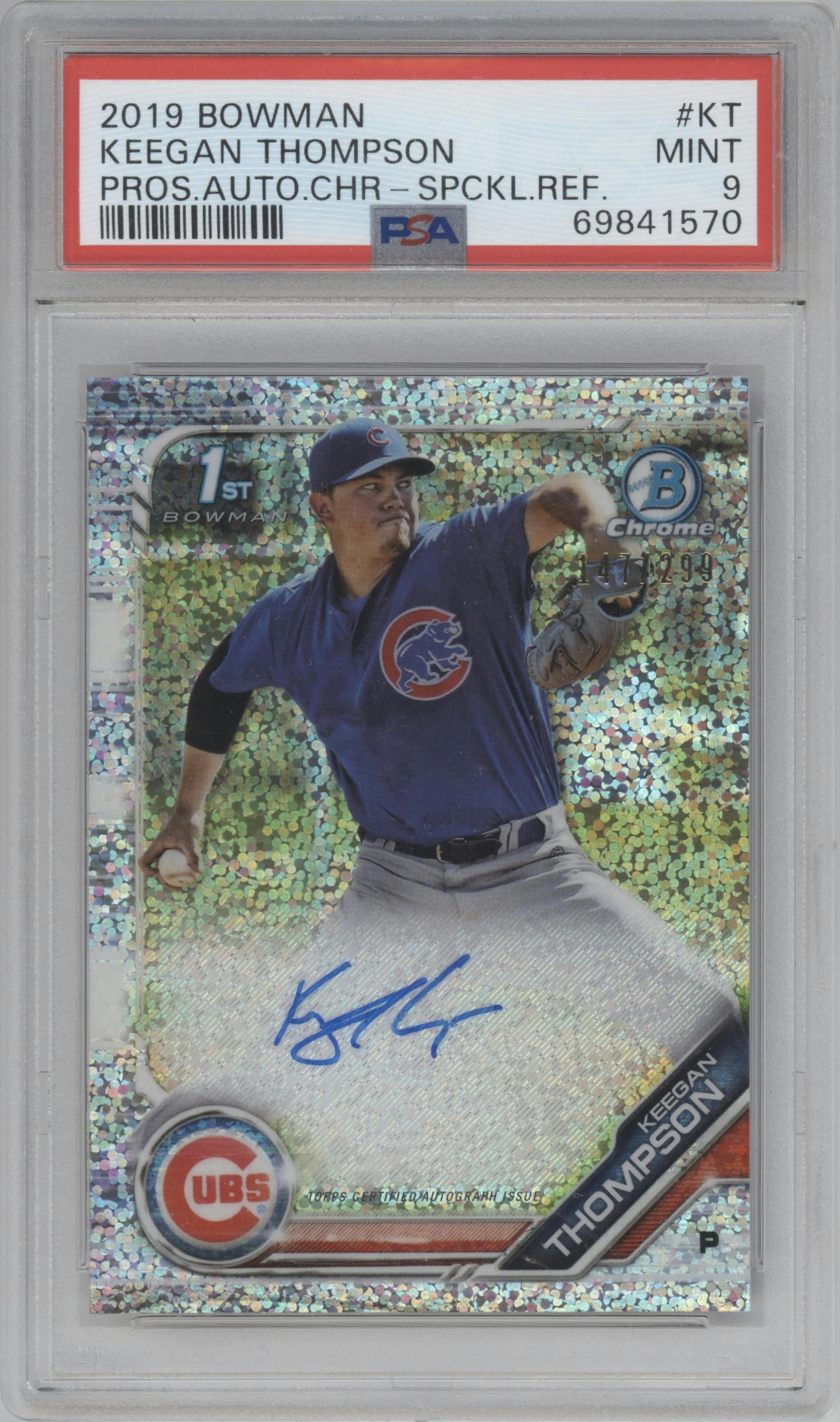 Keegan Thompson from the 2019 Bowman  set featuring a Speckle Refractor  parallel graded by PSA and given an overall grade of 9.