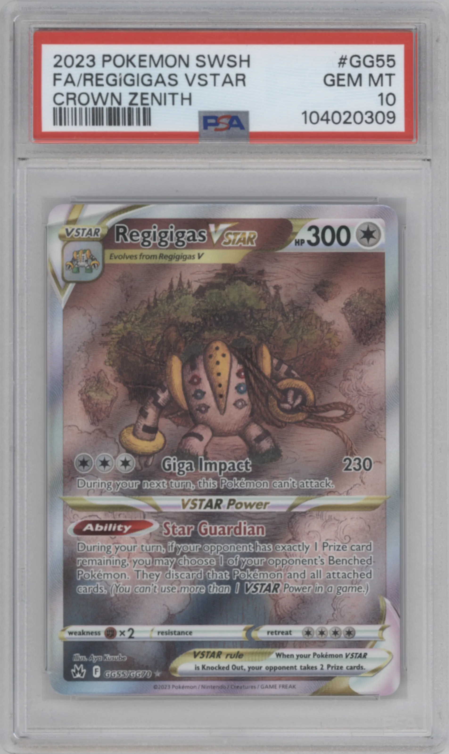 Regigigas VSTAR from the 2023 Pokemon SWSH set graded by PSA and given an overall grade of 10.