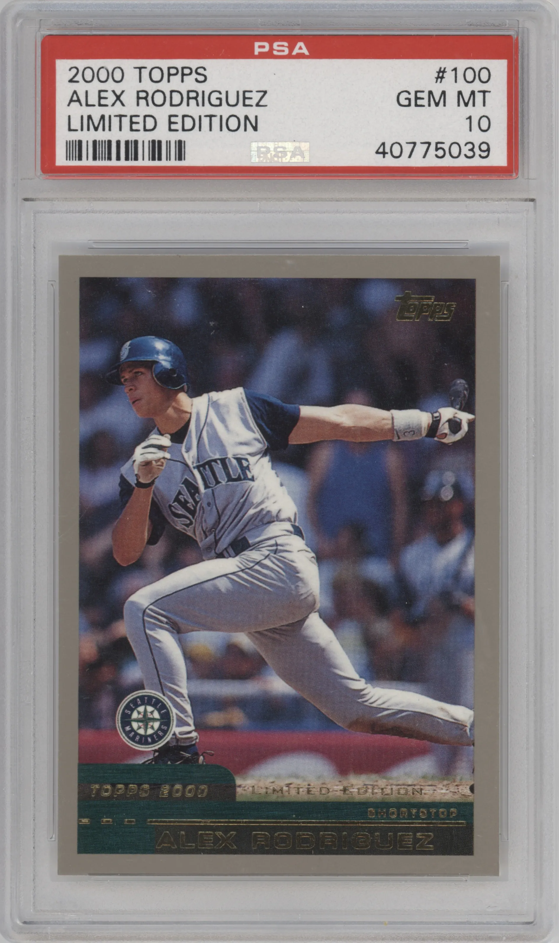 Alex Rodriguez from the 2000 Topps set featuring a Limited Edition parallel graded by PSA and given an overall grade of 10.
