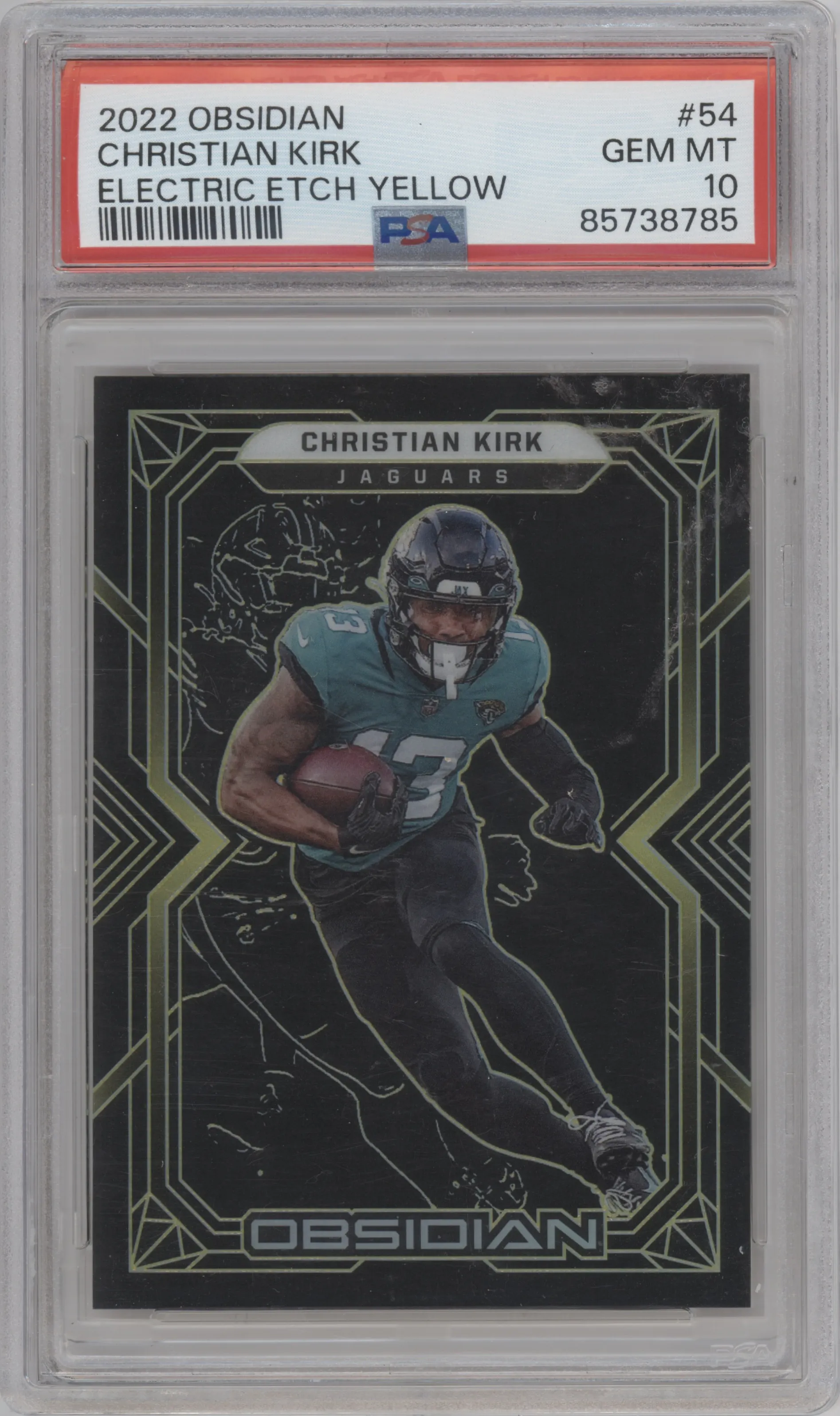 Christian Kirk from the 2022 Panini Obsidian set featuring a Electric Etch Yellow parallel graded by PSA and given an overall grade of 10.