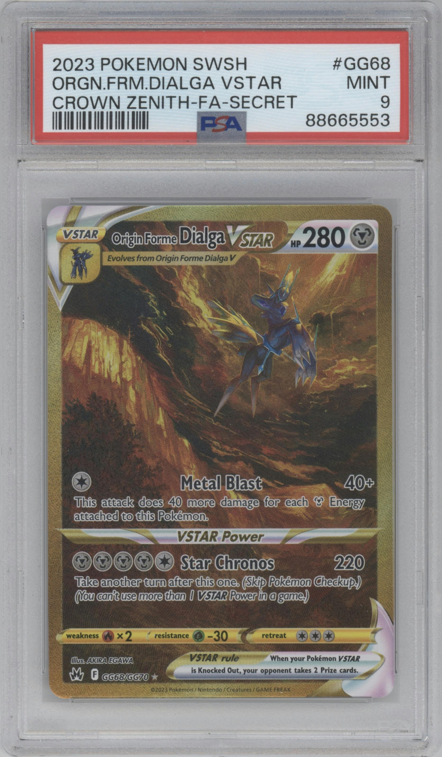 Origin Forme Dialga VSTAR from the 2023 Pokemon SWSH set graded by PSA and given an overall grade of 9.