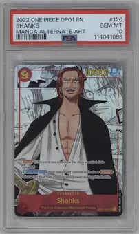 Shanks from the 2022 One Piece set featuring a Manga Alt Art parallel graded by PSA and given an overall grade of 10.