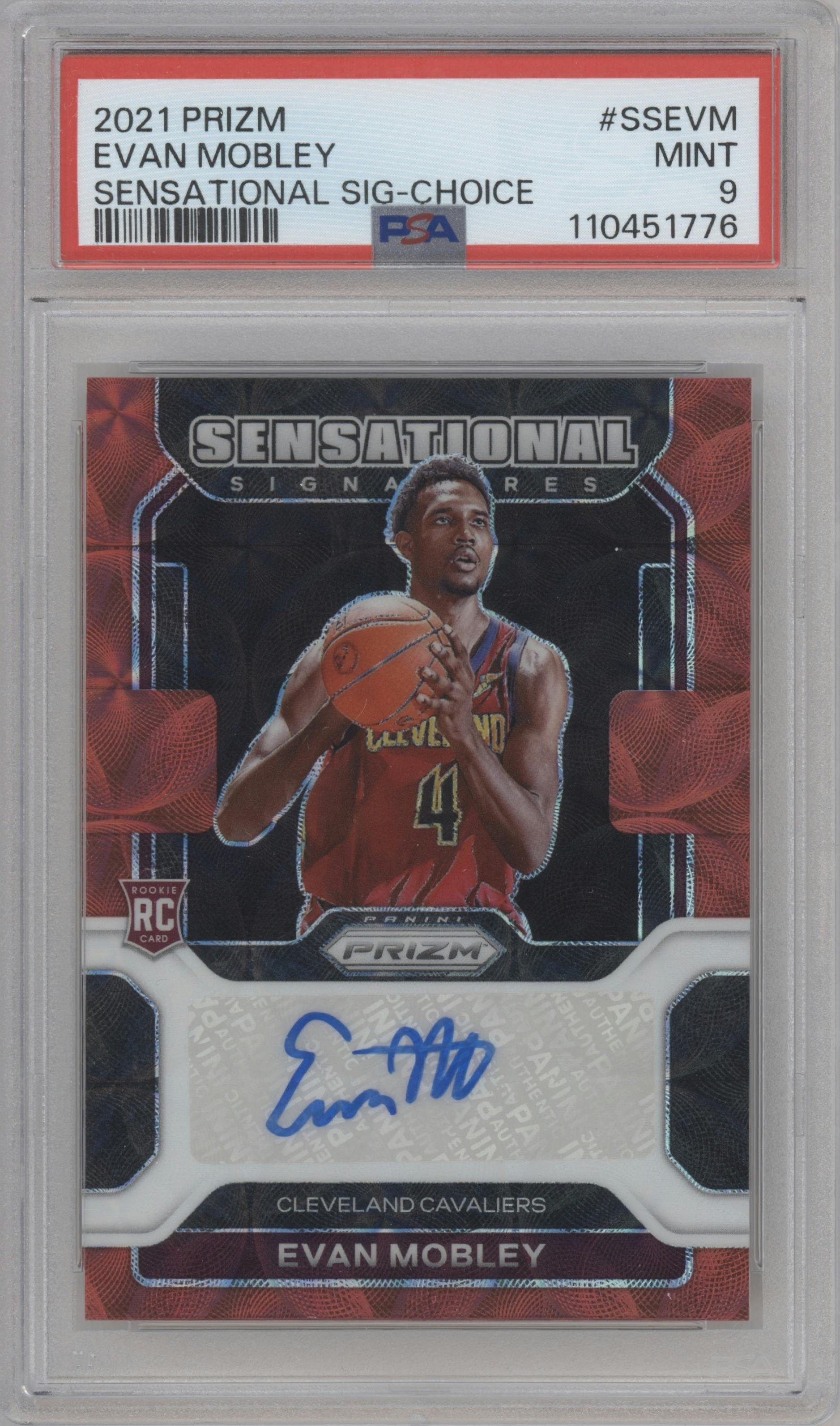 Evan Mobley from the 2021-22 Panini Prizm  set featuring a Choice parallel graded by PSA and given an overall grade of 9.