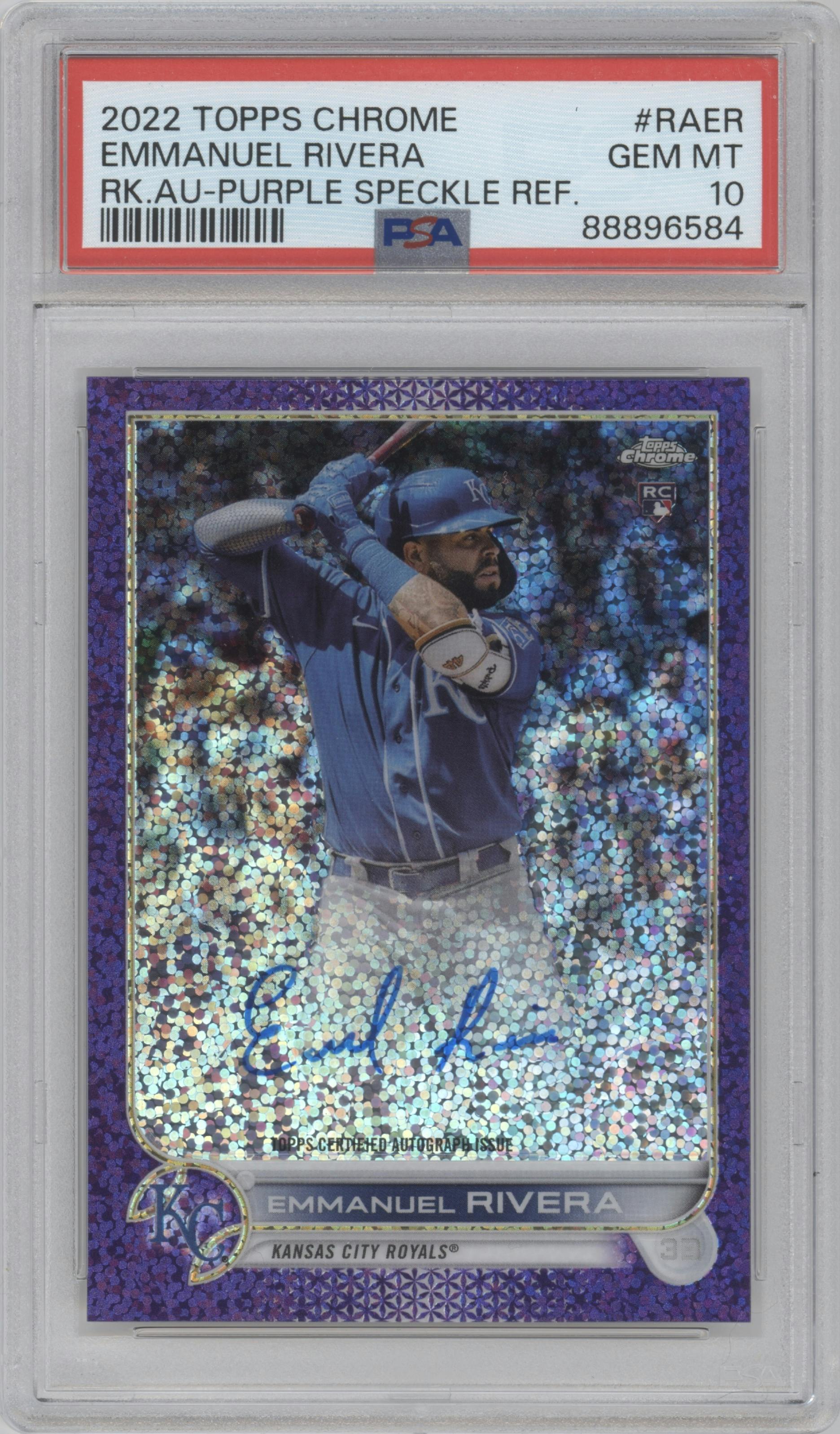 Emmanuel Rivera from the 2022 Topps Chrome set featuring a Purple Speckle Refractor parallel graded by PSA and given an overall grade of 10.