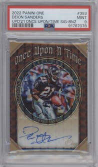 Deion Sanders from the 2022 Panini One set featuring a Bronze parallel graded by PSA and given an overall grade of 9.