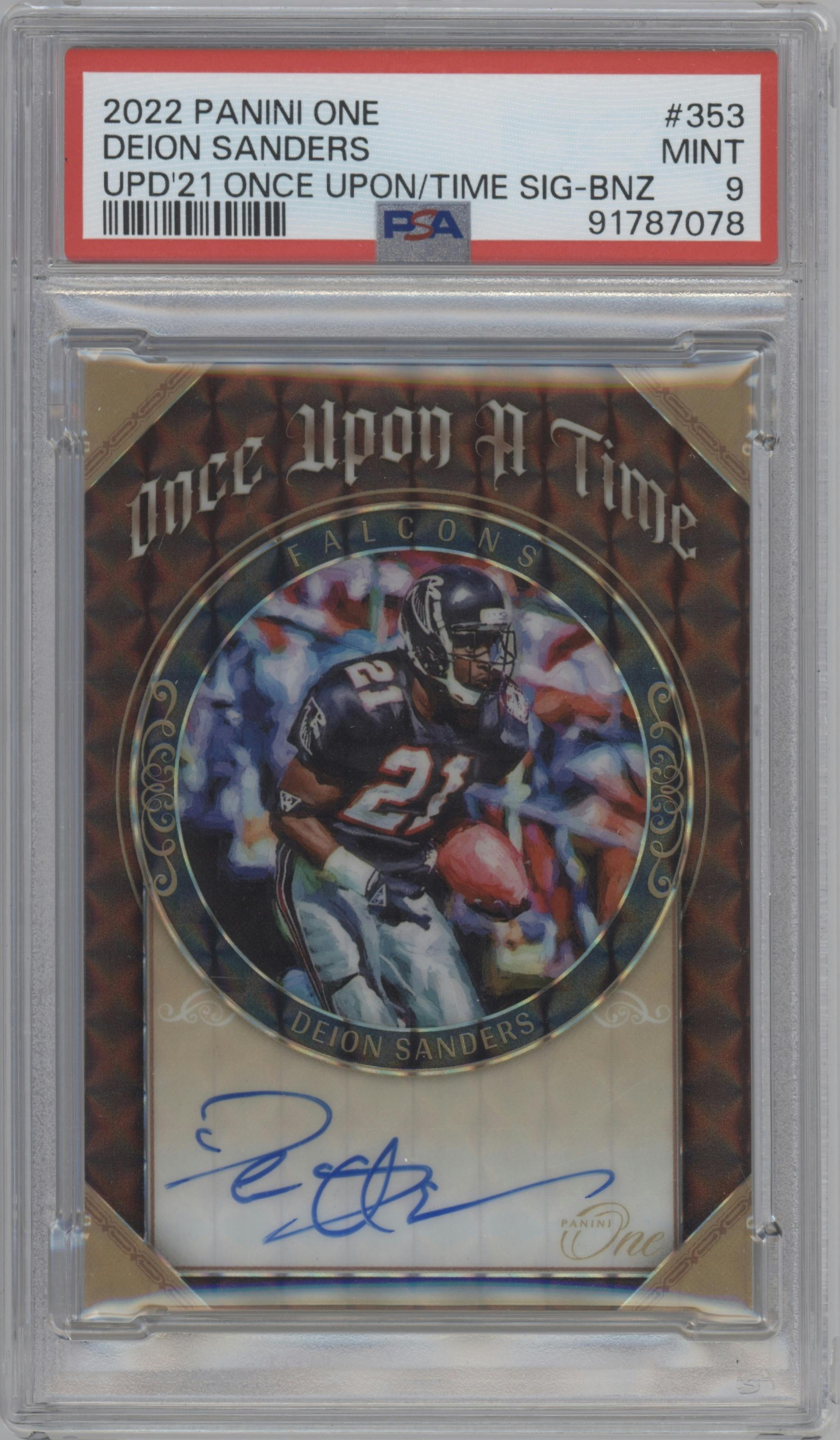 Deion Sanders from the 2022 Panini One set featuring a Bronze parallel graded by PSA and given an overall grade of 9.