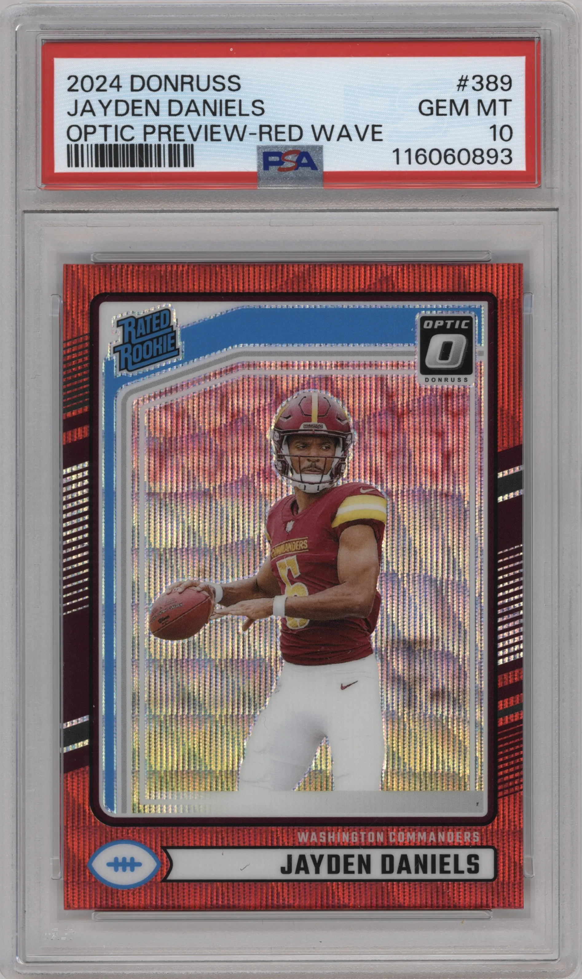 Jayden Daniels from the 2024 Donruss set featuring a Red Wave parallel graded by PSA and given an overall grade of 10.
