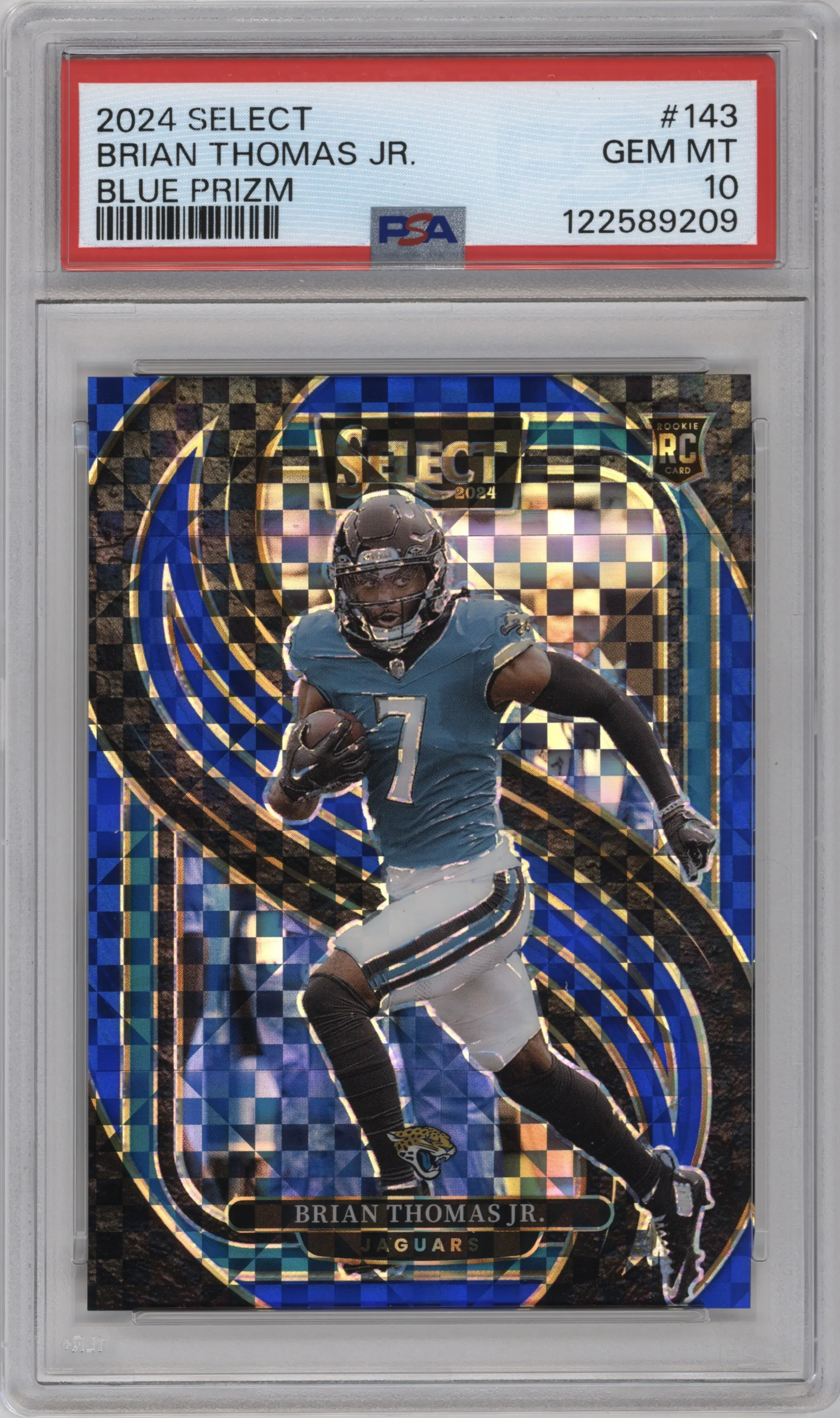 Brian Thomas Jr.  from the 2024 Panini Select set featuring a Blue Prizm parallel graded by PSA and given an overall grade of 10.