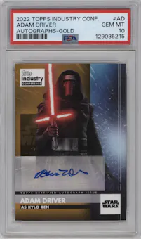 Adam Driver from the 2022 Topps Industry Conference set featuring a Gold parallel graded by PSA and given an overall grade of 10.