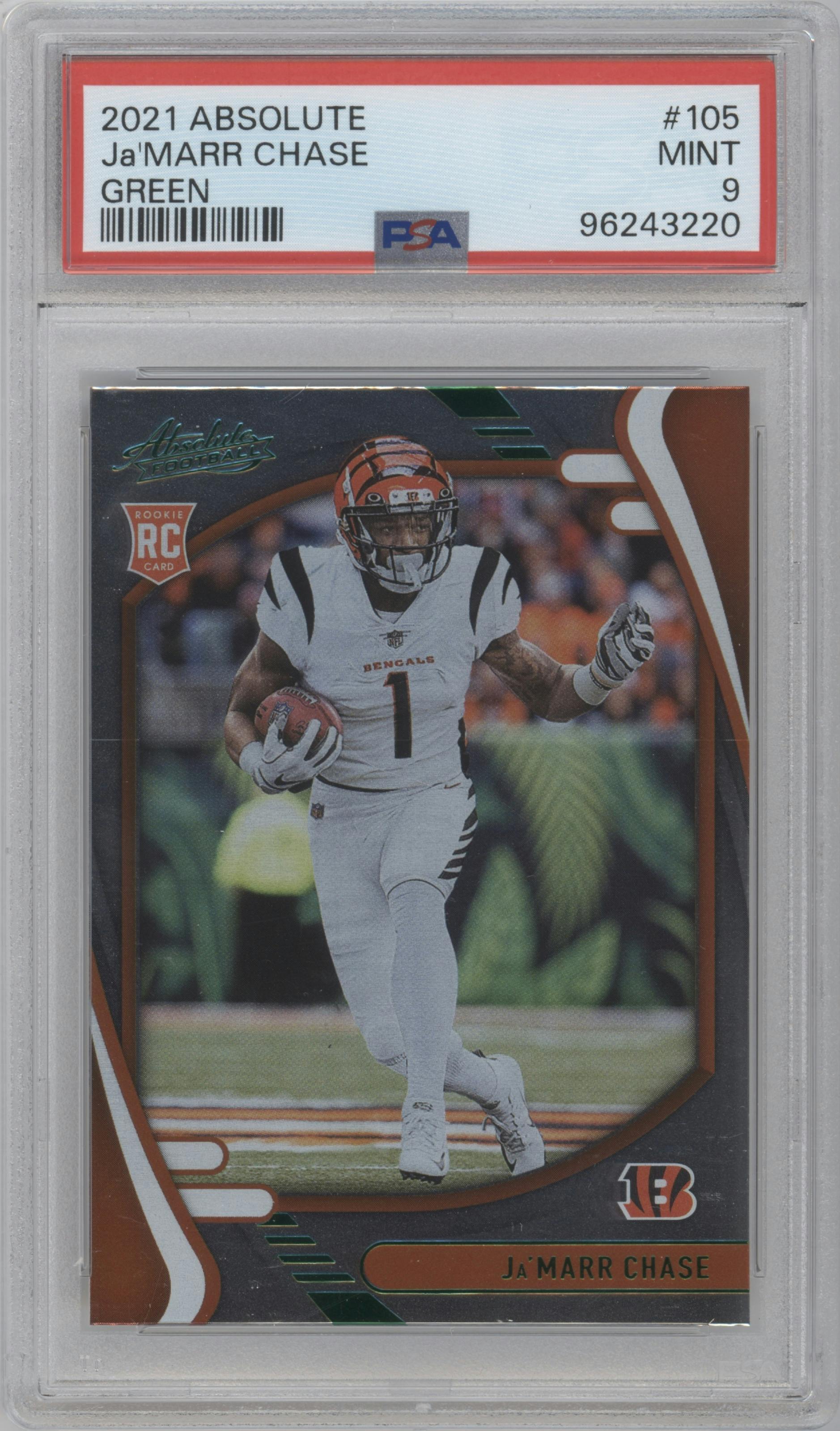 Ja'Marr Chase from the 2021 Panini Absolute set featuring a Green parallel graded by PSA and given an overall grade of 9.
