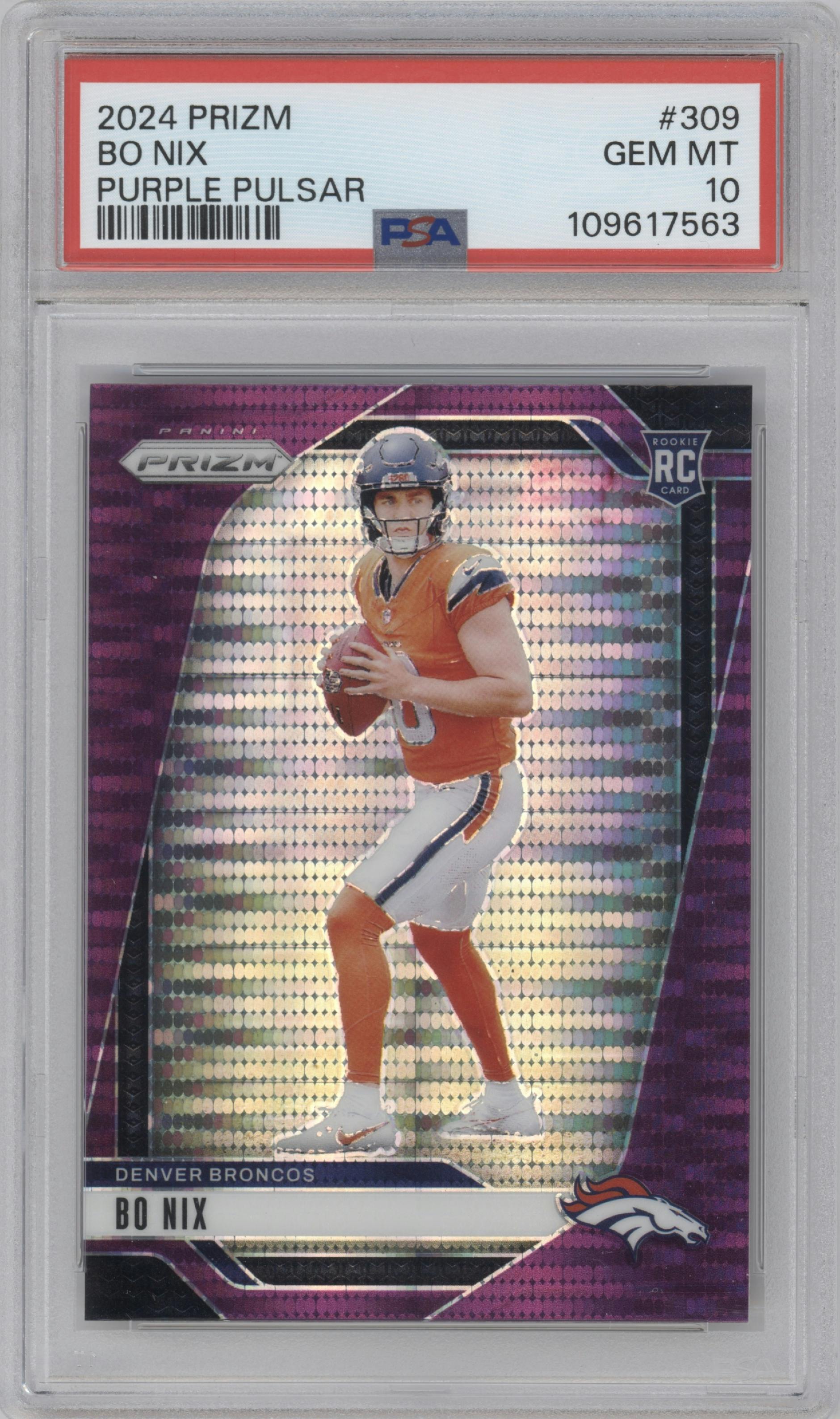 Bo Nix from the 2024 Panini Prizm set featuring a Purple Pulsar parallel graded by PSA and given an overall grade of 10.