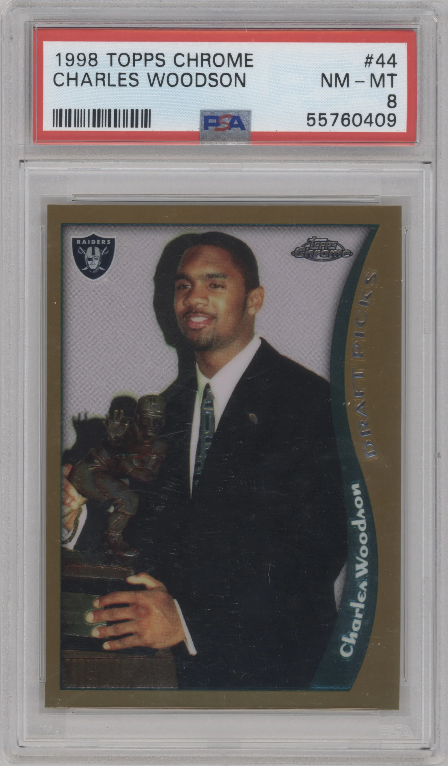Charles Woodson from the 1998 Topps Chrome set graded by PSA and given an overall grade of 8.