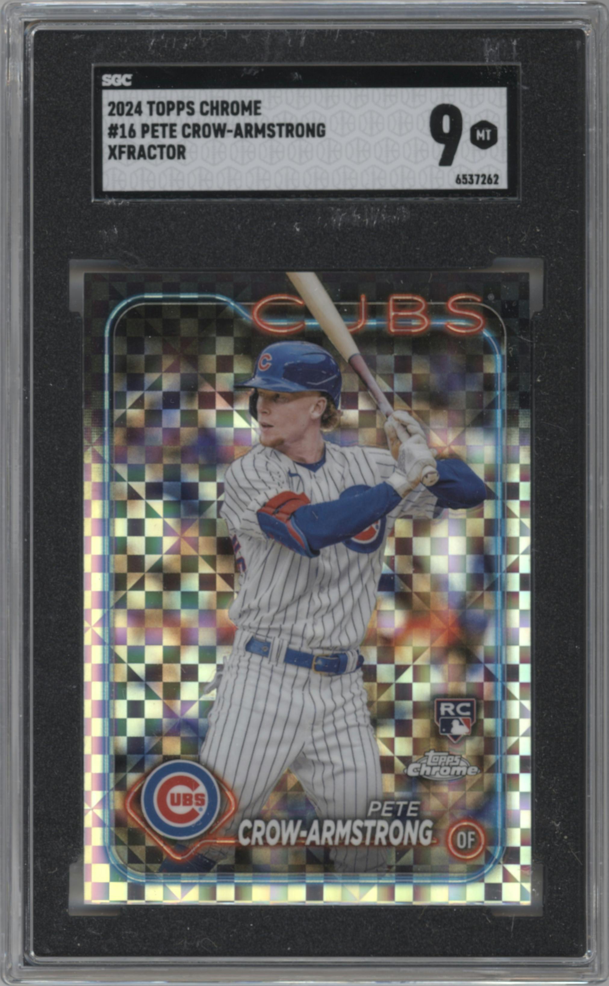 Pete Crow-Armstrong from the 2024 Topps Chrome set featuring a X-Fractor parallel graded by SGC and given an overall grade of 9.