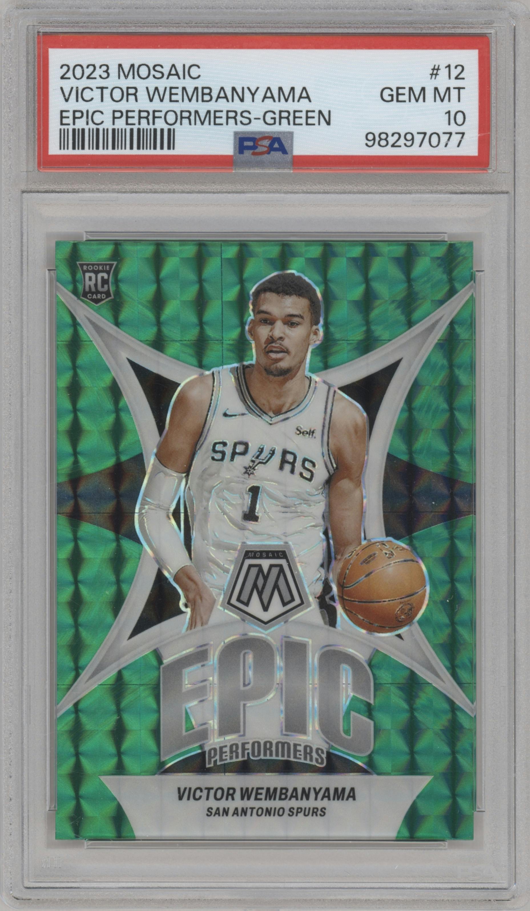 Victor Wembanyama from the 2023-24 Panini Mosaic set featuring a Green Mosaic parallel graded by PSA and given an overall grade of 10.