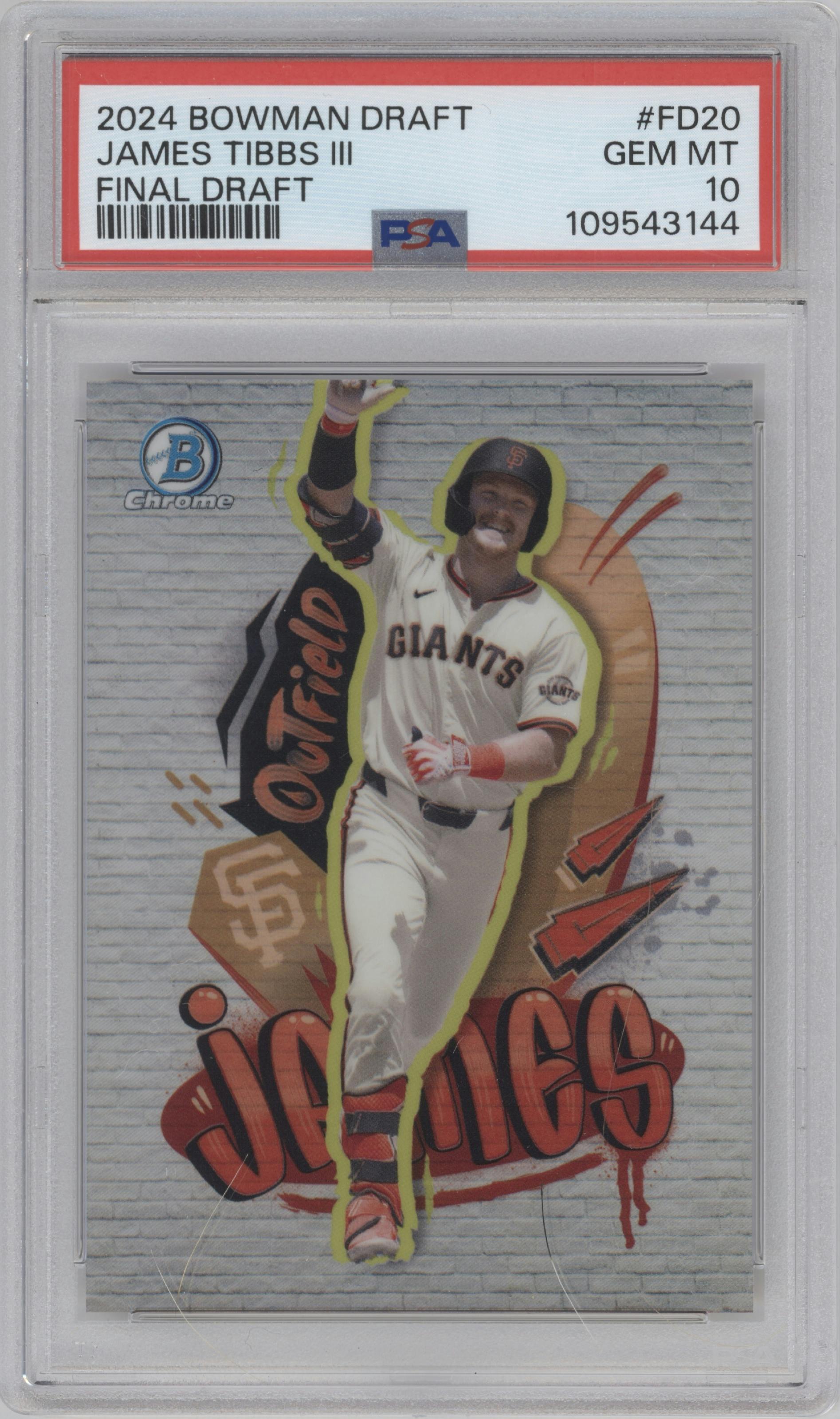 James Tibbs III from the 2024 Bowman Draft set graded by PSA and given an overall grade of 10.