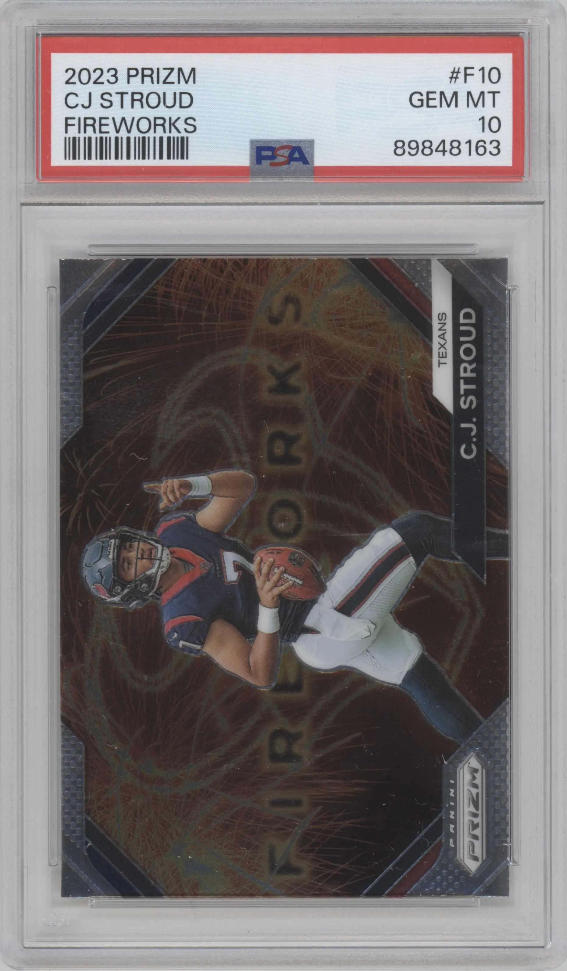 C.J. Stroud from the 2023 Panini Prizm set graded by PSA and given an overall grade of 10.