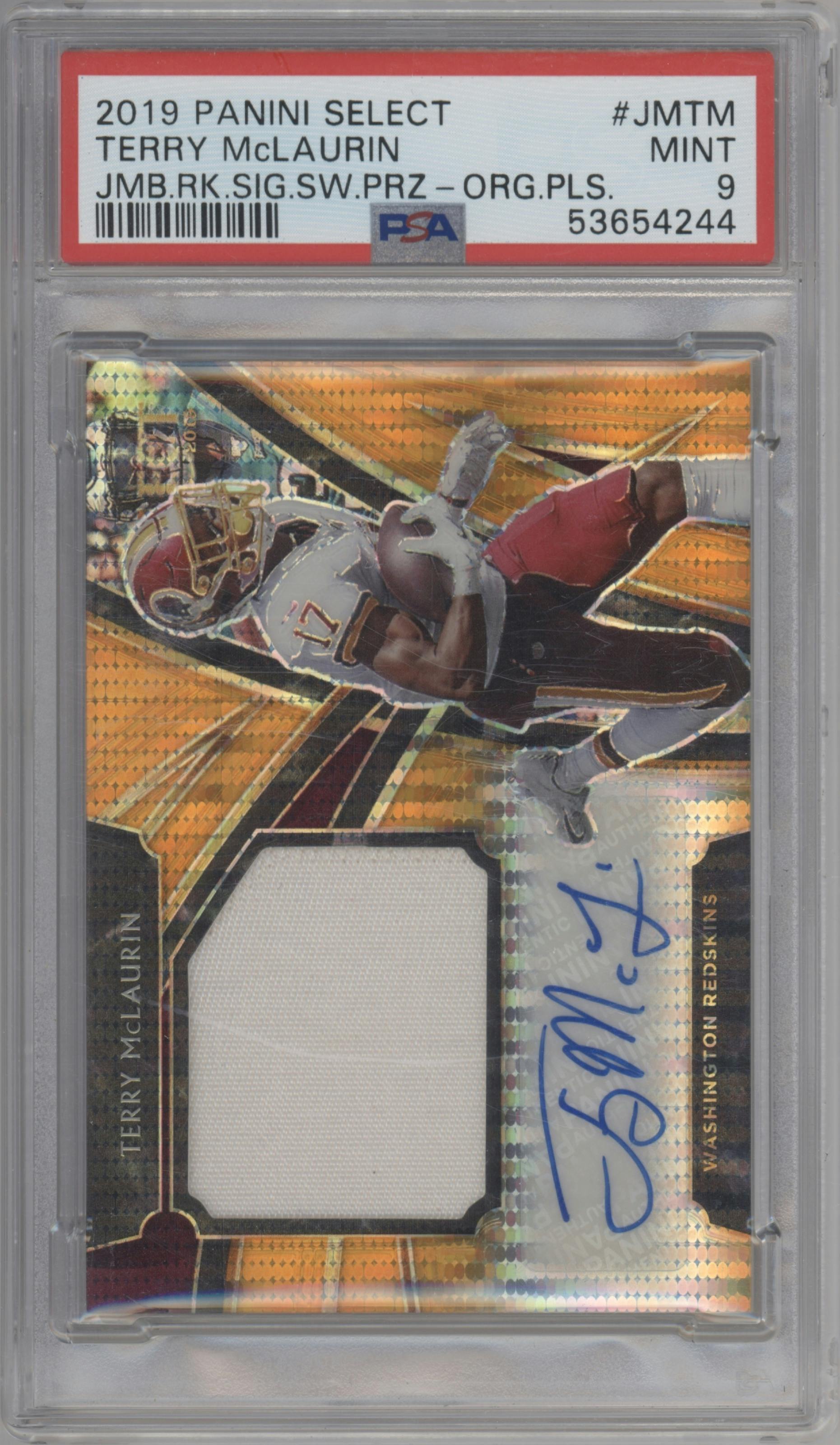 Terry McLaurin from the 2019 Panini Select  set featuring a Orange Pulsar FOTL parallel graded by PSA and given an overall grade of 9.