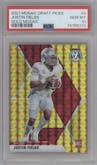 Justin Fields from the 2021 Panini Mosaic Draft Picks  set featuring a Gold Mosaic  parallel graded by PSA and given an overall grade of 10.