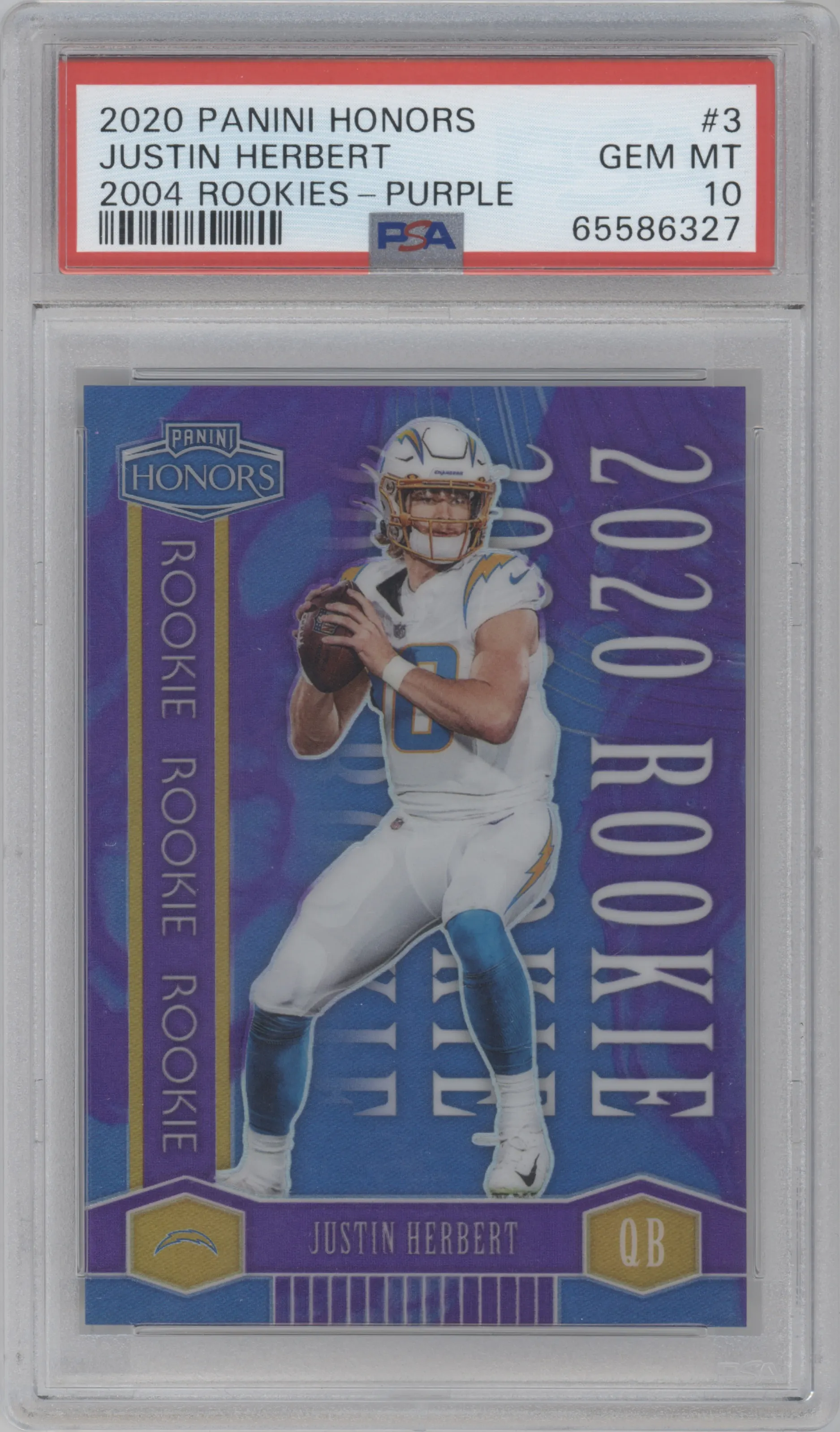 Justin Herbert from the 2020 Panini Honors set featuring a Purple parallel graded by PSA and given an overall grade of 10.