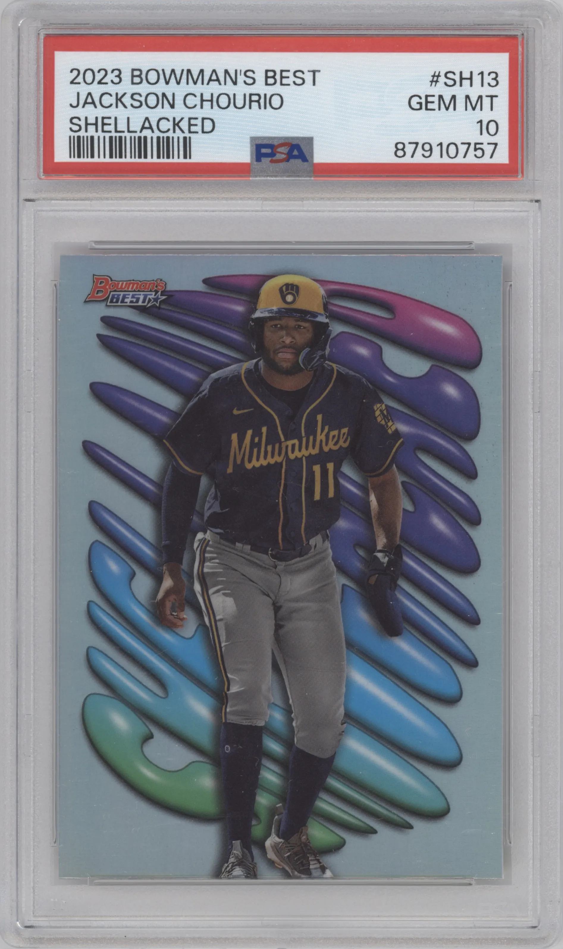 Jackson Chourio from the 2023 Bowman's Best set graded by PSA and given an overall grade of 10.