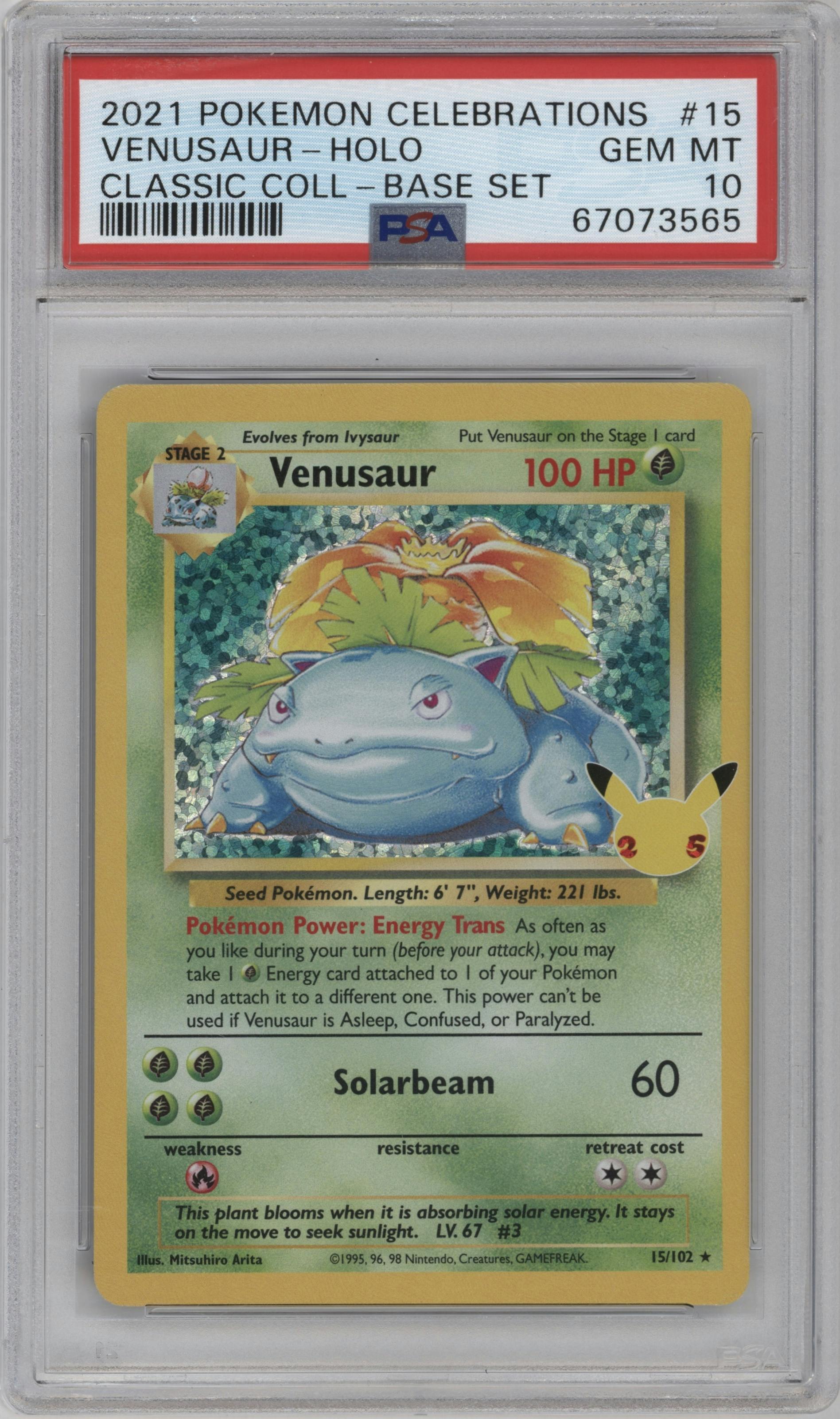 Venusaur from the 2021 Pokemon SWSH set featuring a Base Set parallel graded by PSA and given an overall grade of 10.