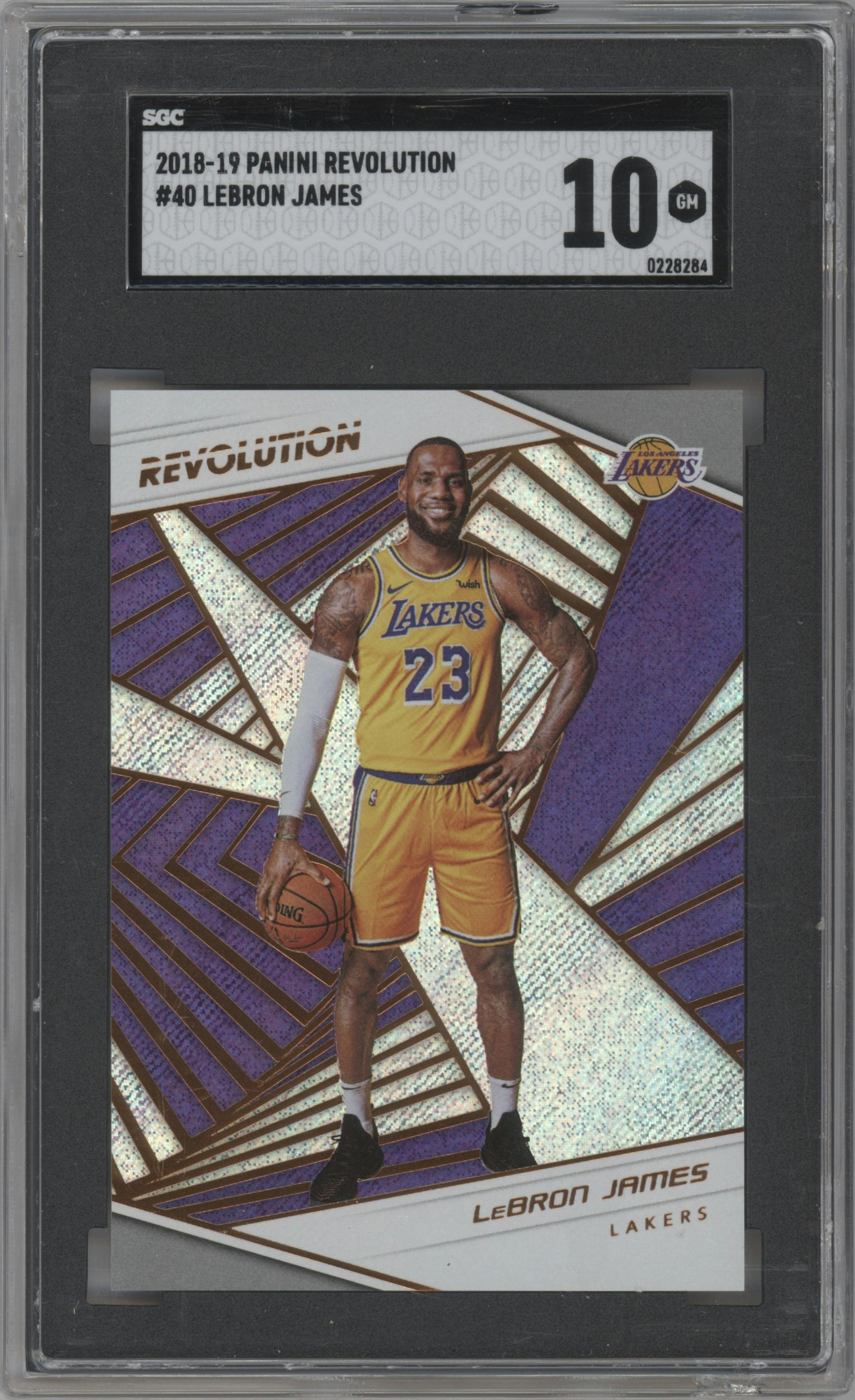 LeBron James from the 2018-19 Panini Revolution  set graded by SGC and given an overall grade of 10.