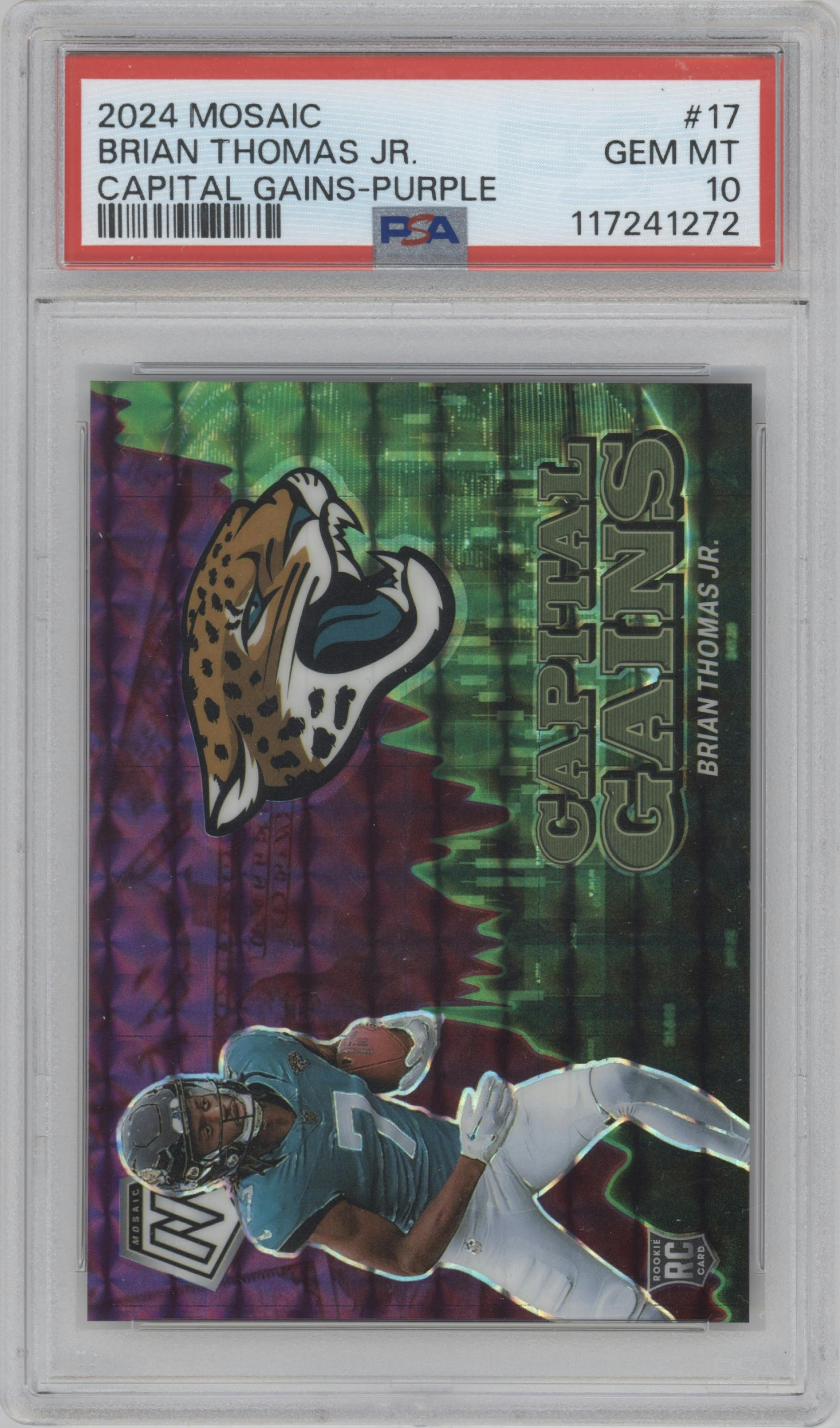 Brian Thomas Jr. from the 2024 Panini Mosaic set featuring a Purple parallel graded by PSA and given an overall grade of 10.