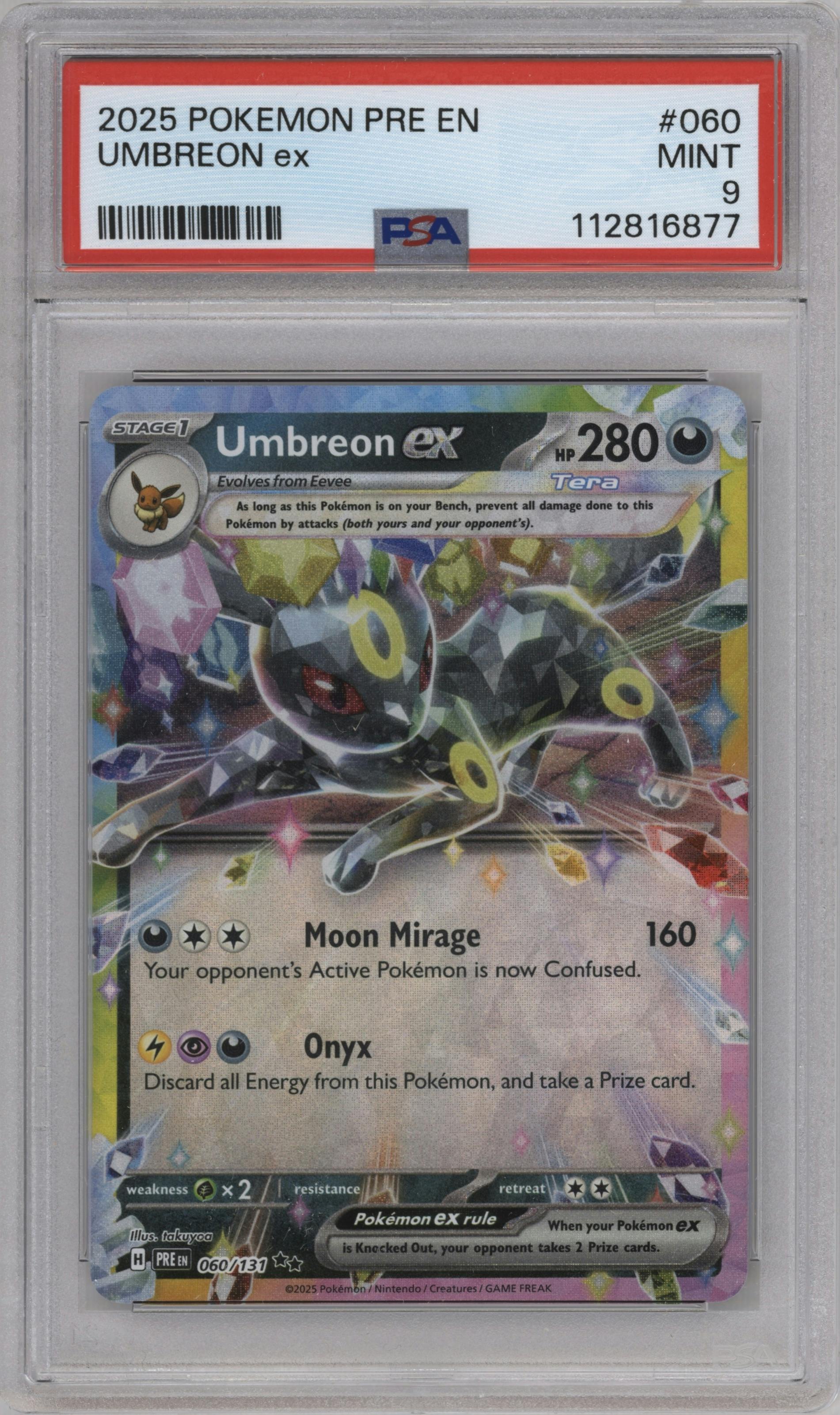 Umbreon ex from the 2025 Pokemon SV set graded by PSA and given an overall grade of 9.