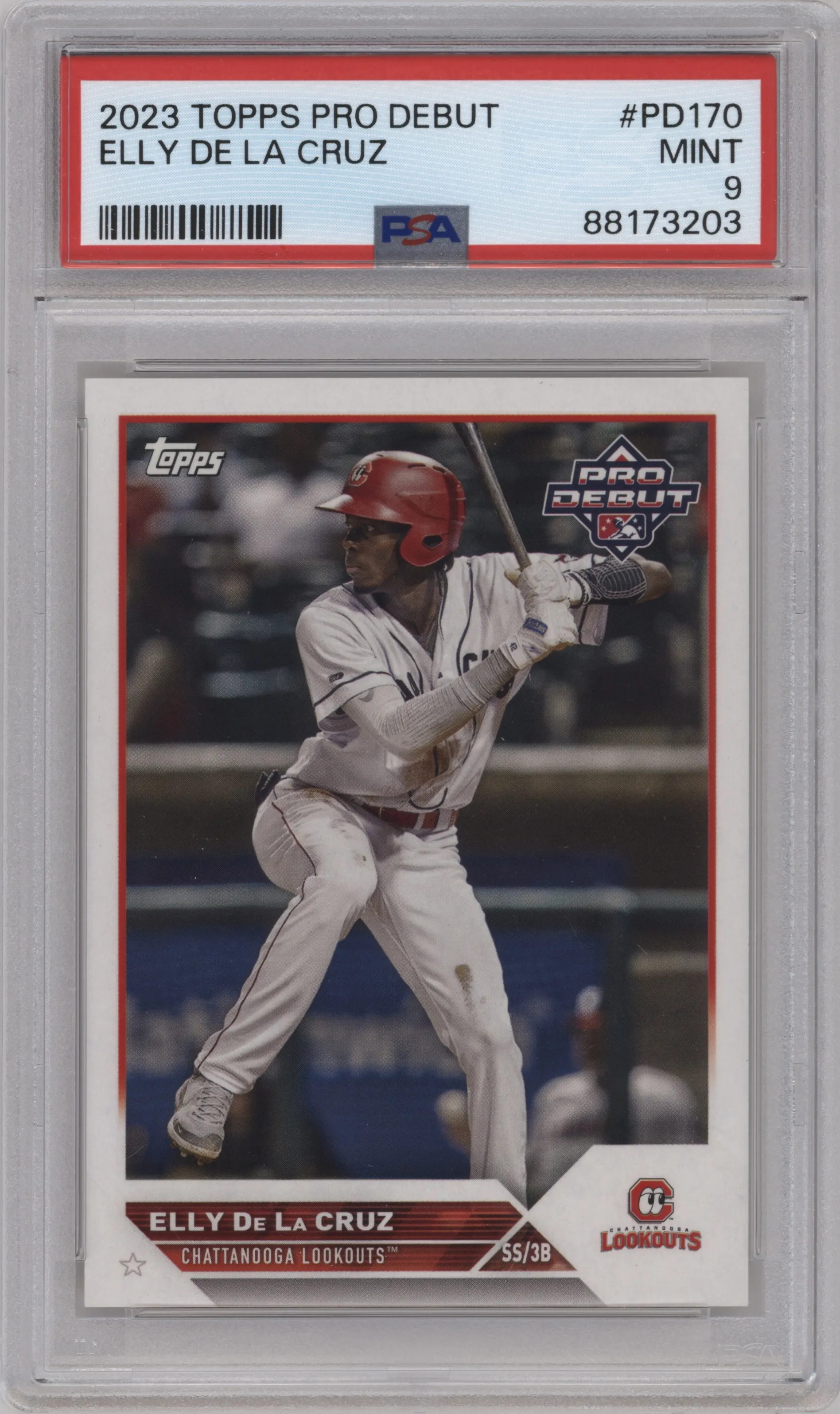 Elly De La Cruz	 from the 2023 Topps Pro Debut set graded by PSA and given an overall grade of 9.
