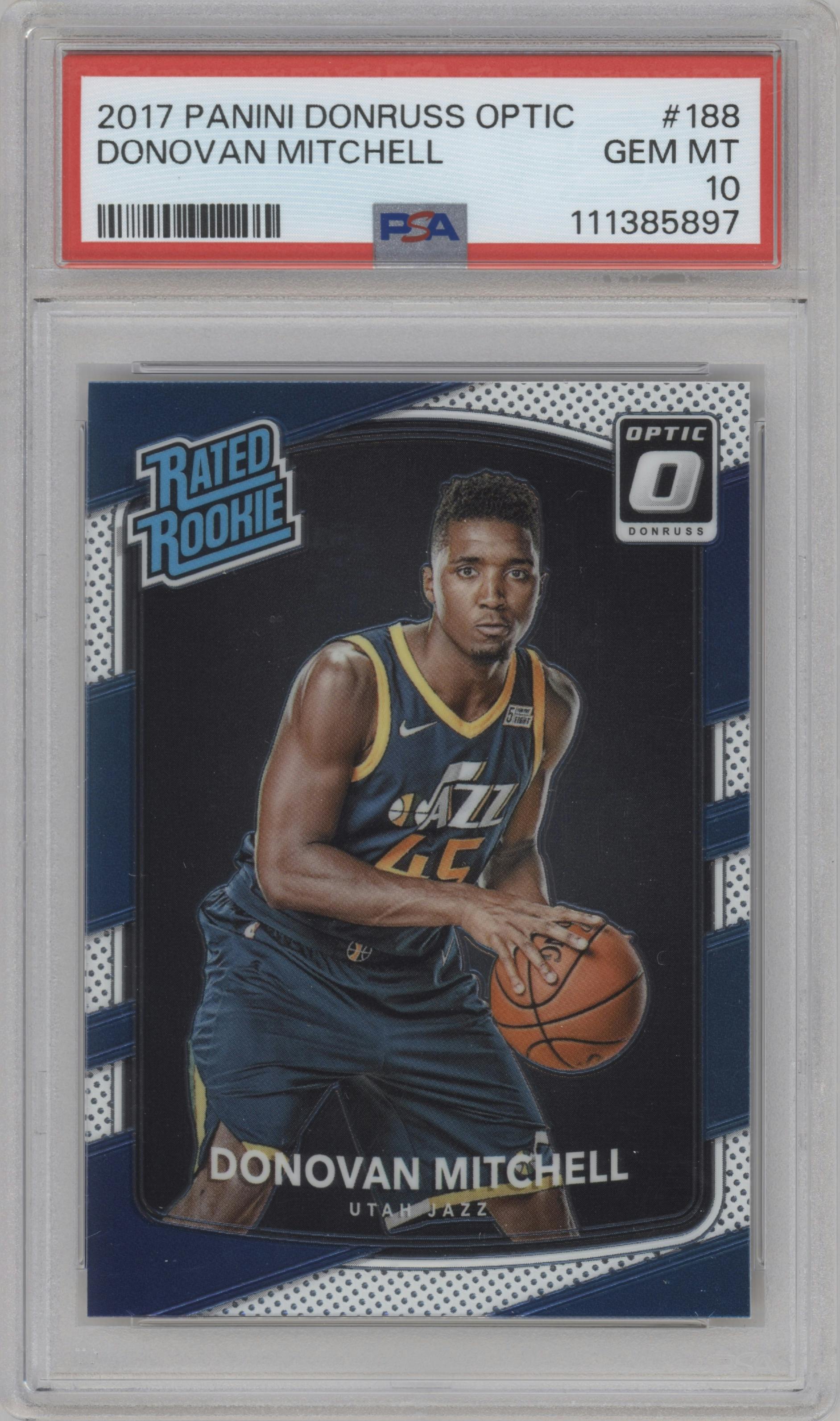 Donovan Mitchell from the 2017-18 Panini Donruss Optic set graded by PSA and given an overall grade of 10.