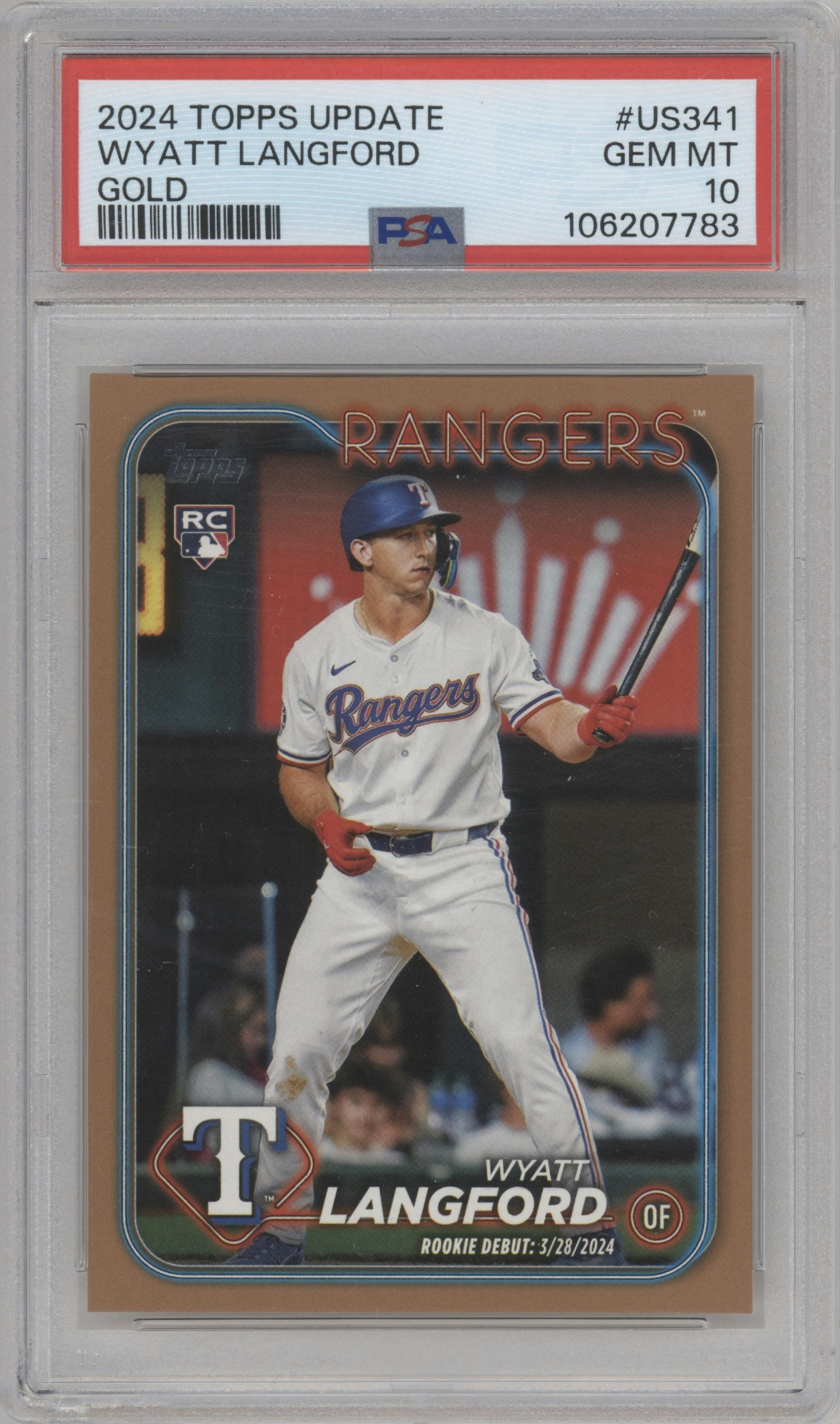 Wyatt Langford from the 2024 Topps Update set featuring a Gold parallel graded by PSA and given an overall grade of 10.