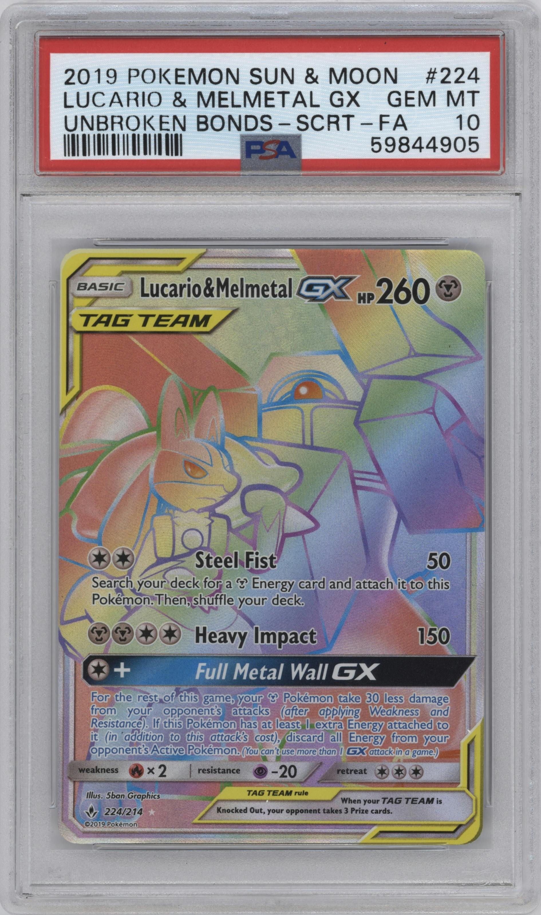 Lucario & Melmetal GX from the 2019 Pokemon S&M  set graded by PSA and given an overall grade of 10.