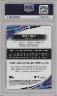 Mike Trout from the 2021 Topps Finest set featuring a Purple/Aqua Vapor Refractor parallel graded by PSA and given an overall grade of 10.