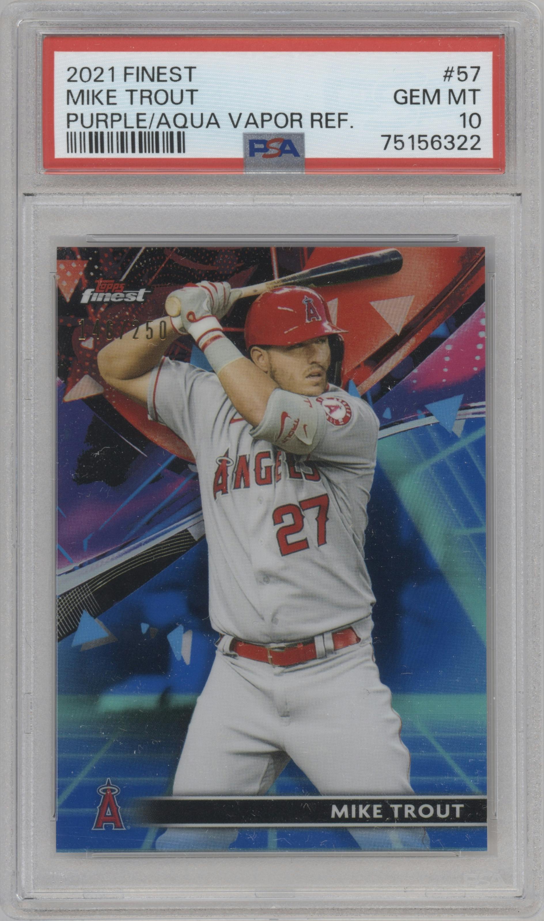Mike Trout from the 2021 Topps Finest set featuring a Purple/Aqua Vapor Refractor parallel graded by PSA and given an overall grade of 10.